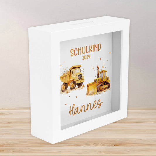 Schulkind 2024 LKW & Kipper Spardose mit Wunschname Fee Name Kind personalisiert Kinder Geburtstagsgeschenk Einschulung mit Wunschtext  kleinebuchstaben   