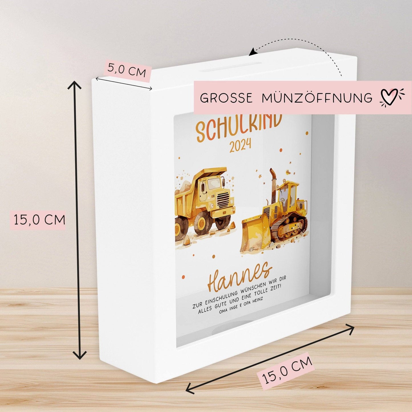 LKW & Kipper Spardose Schulkind 2024 mit Wunschname Fee Name Kind personalisiert Kinder Geburtstagsgeschenk Einschulung mit Wunschtext  kleinebuchstaben   