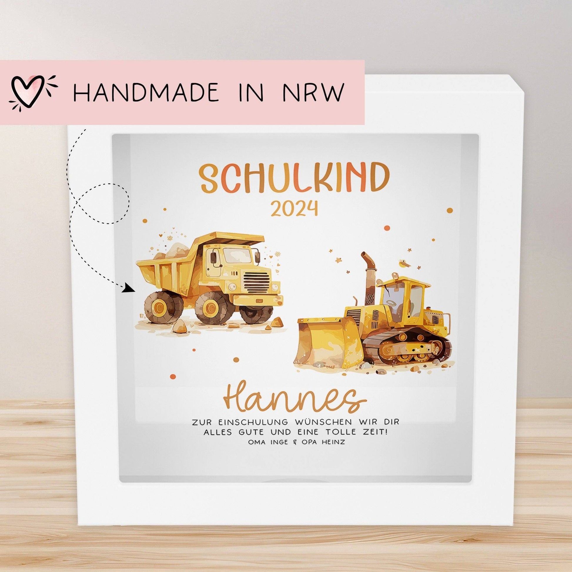 LKW & Kipper Spardose Schulkind 2024 mit Wunschname Fee Name Kind personalisiert Kinder Geburtstagsgeschenk Einschulung mit Wunschtext  kleinebuchstaben   