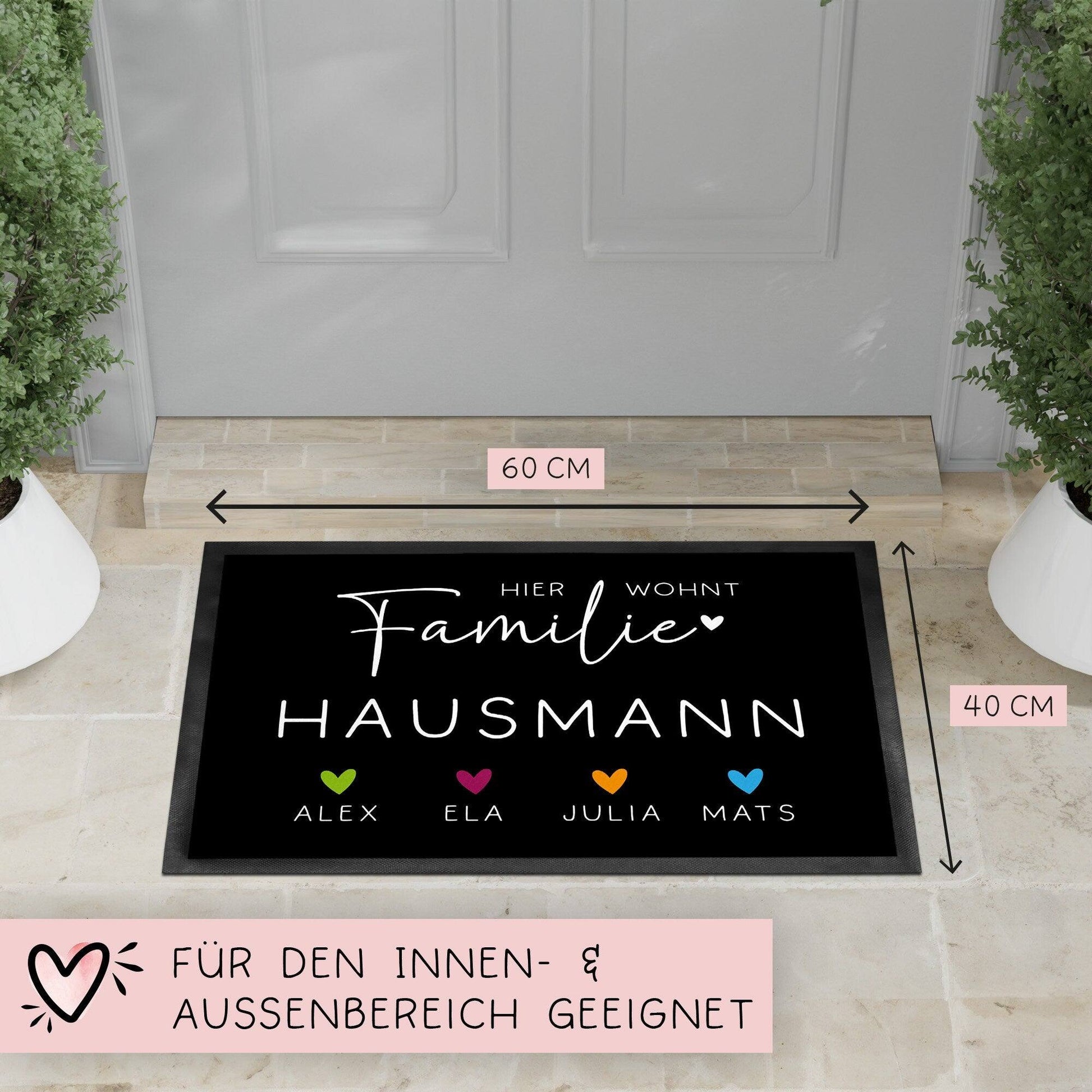 Personalisierte Fußmatte - Fussmatte mit Wunschnamen | Familie mit Herzen Haustier | 60x40 cm | Geschenkidee zum Umzug, Umzug  kleinebuchstaben   