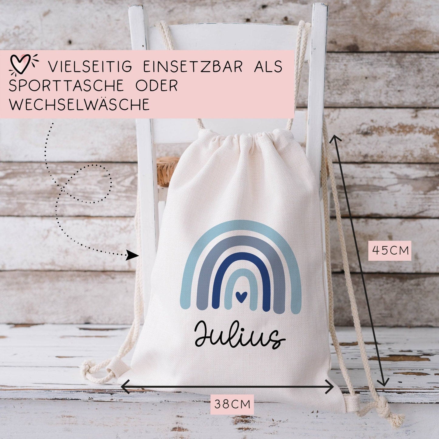 Rucksack Regenbogen Personalisiert aus Bio-Baumwolle | Mit Ihrem Wunschnamen |Perfekt als Turnbeutel für Schule und Kindergarten Einschulung  kleinebuchstaben   