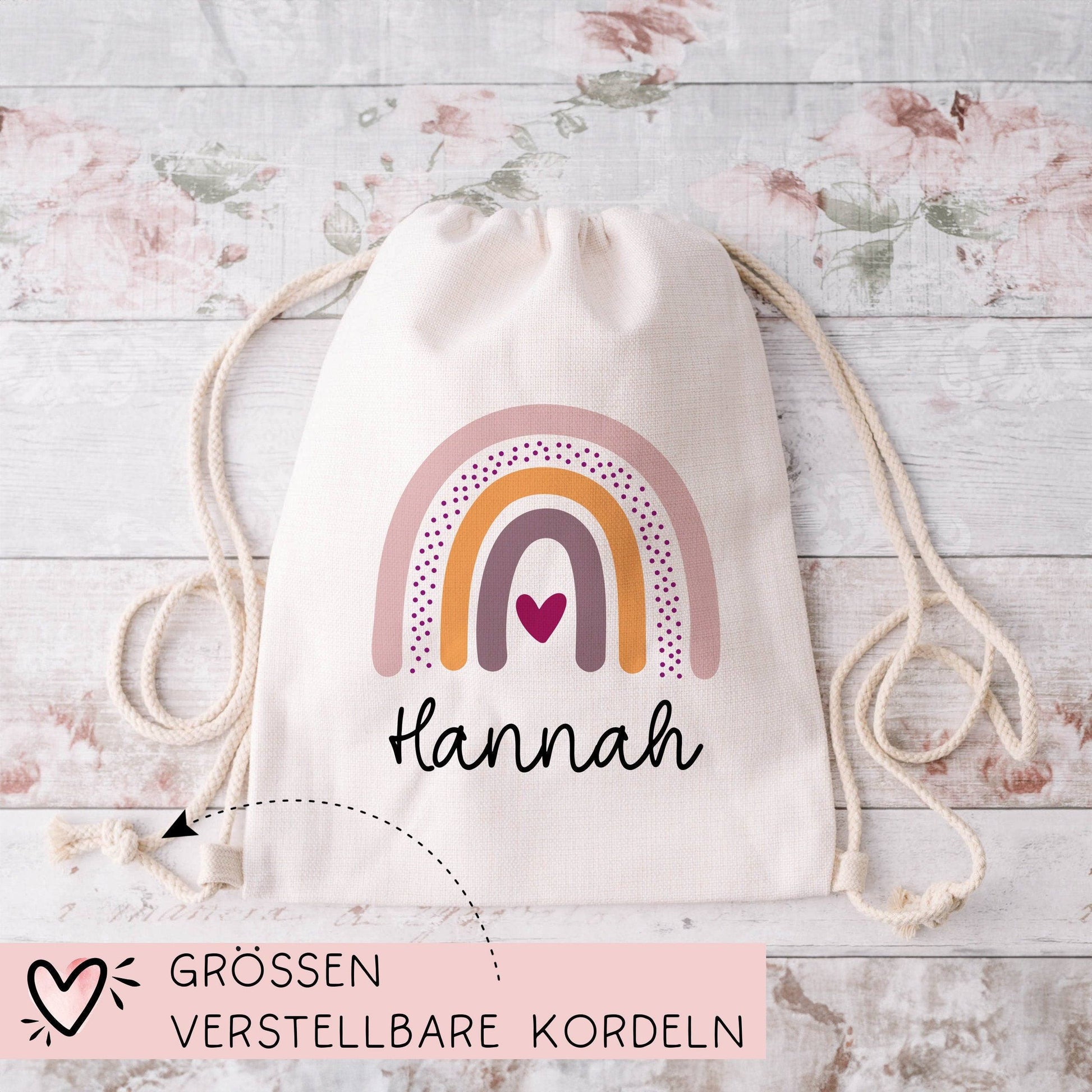 Kinder-Beutel mit Namen personalisiert Personalisierter Turnbeutel | Regenbogen-Design. Perfekt als Rucksack für Schule und Kindergarten  kleinebuchstaben   