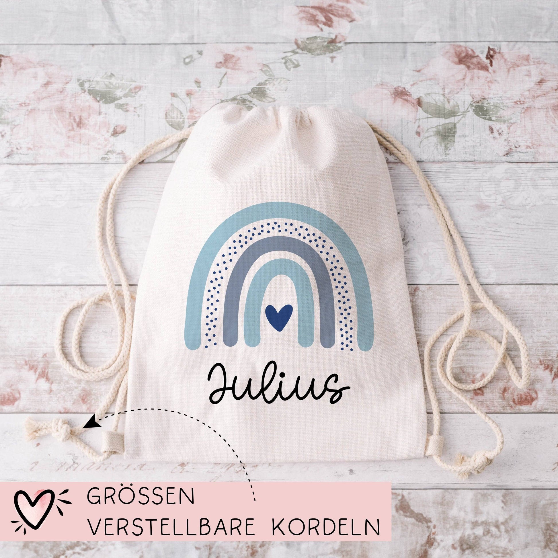 Kinder-Beutel mit Namen personalisiert Personalisierter Turnbeutel | Regenbogen-Design.Rucksack für als Sportbeutel für Schule, Kindergarten  kleinebuchstaben   