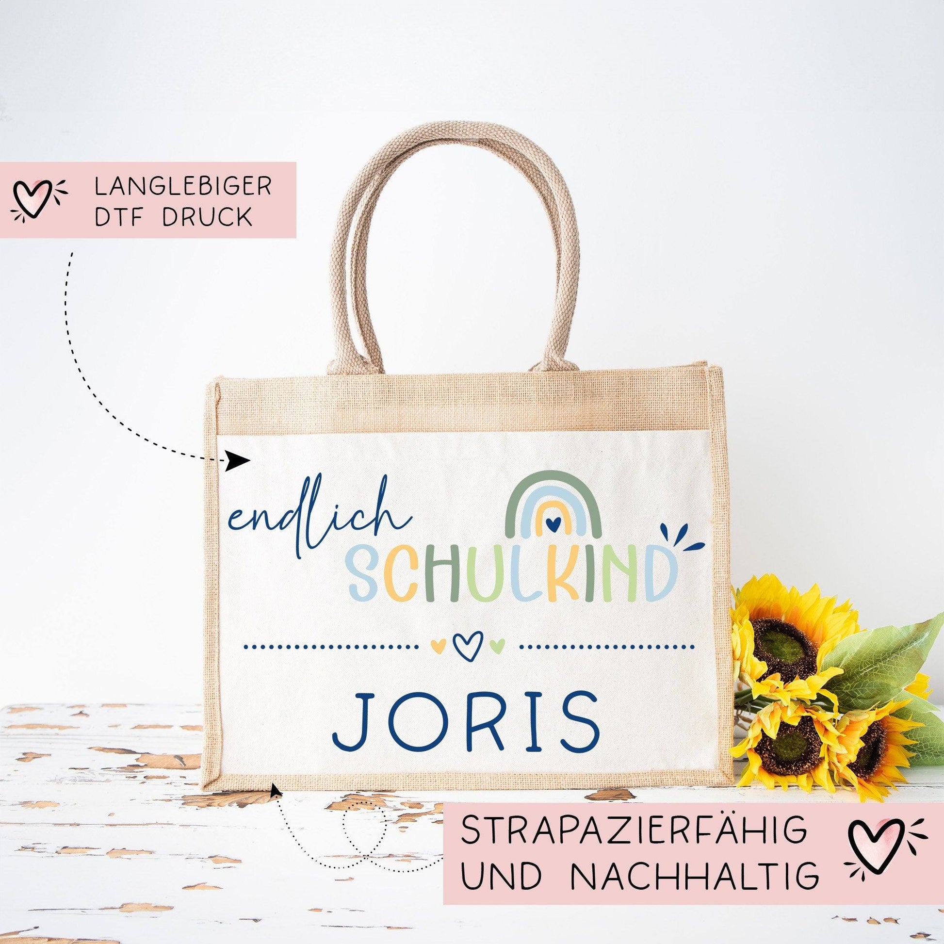 Endlich Schulkind 2024 personalisiert mit Namen Tasche Schultasche, Geschenk Einschulung, personalisierte Jutetasche, Einschulungsgeschenk  kleinebuchstaben   