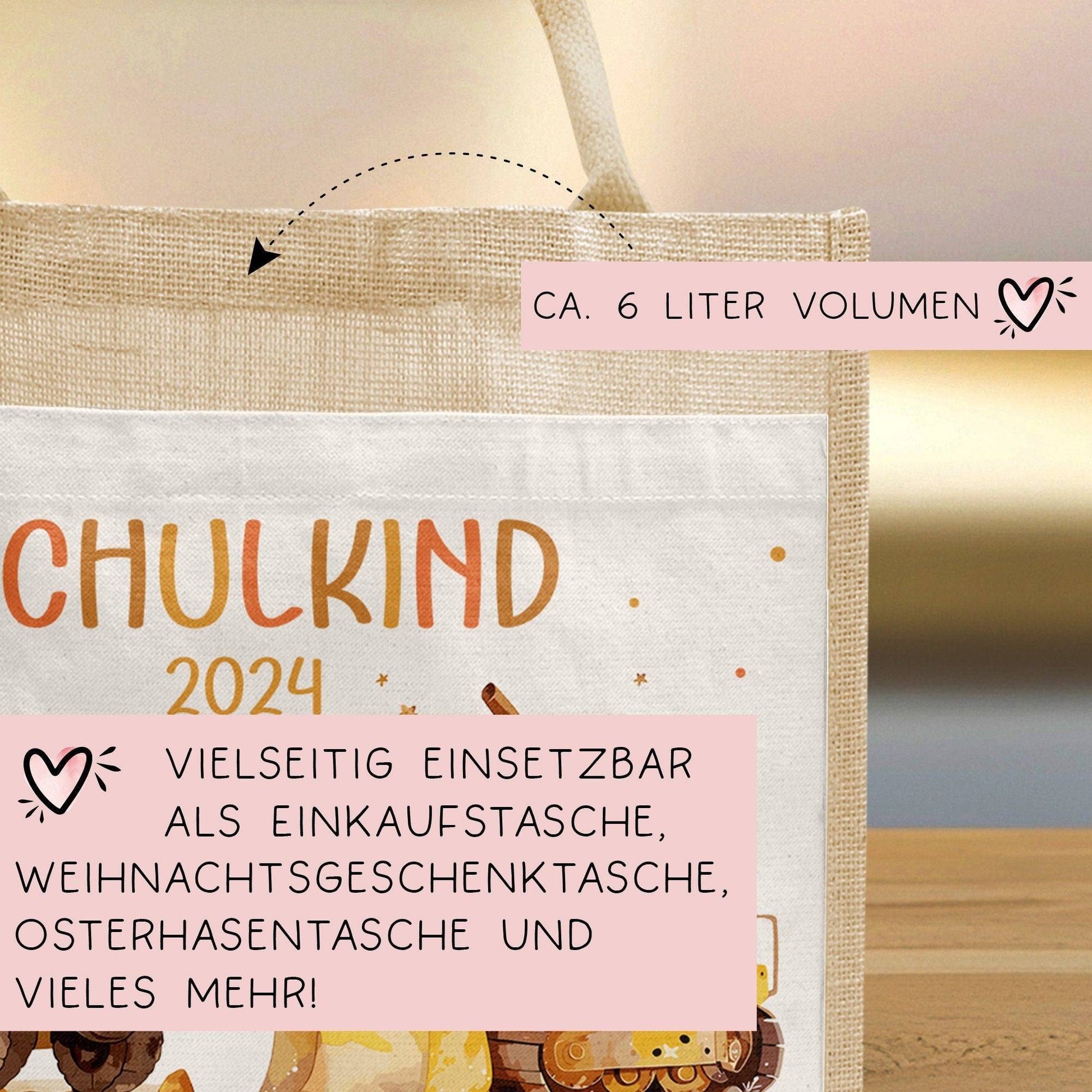 Schulkind Tasche 2024, Baustelle Kipper & LKW, Schultasche, Geschenk Einschulung, personalisierte Jutetasche, Einschulungsgeschenk  kleinebuchstaben   