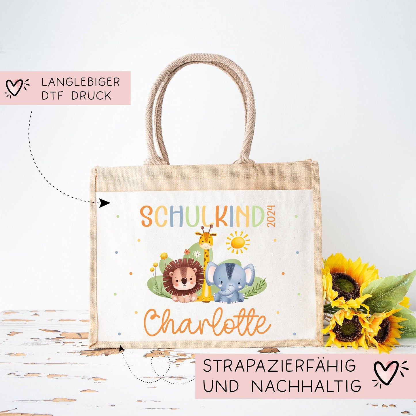 Schulkind 2024 Tasche, Zoo, Löwe Giraffe, Elefant, Schultasche, Geschenk Einschulung, personalisierte Jutetasche, Einschulungsgeschenk  kleinebuchstaben   