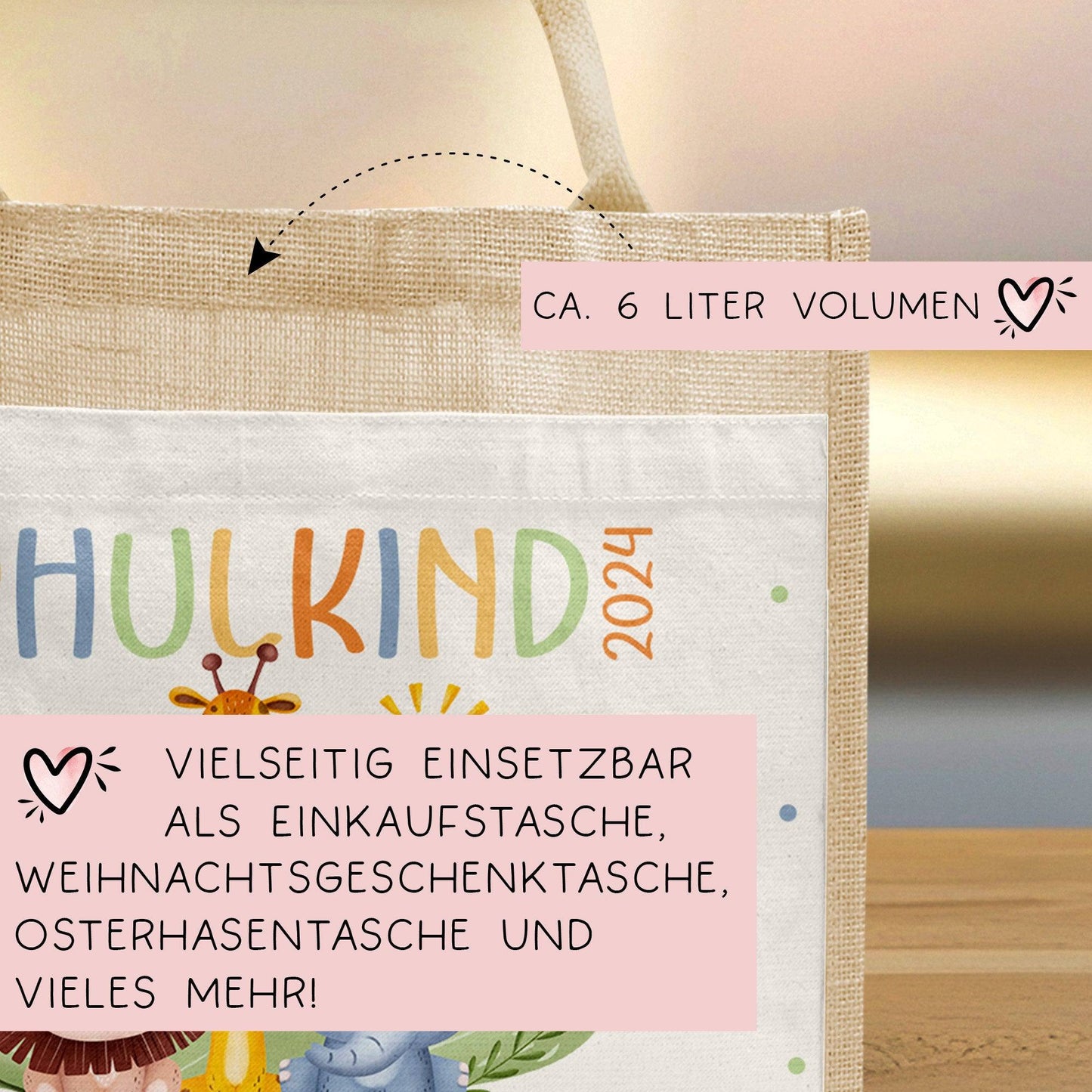 Schulkind 2024 Tasche, Zoo, Löwe Giraffe, Elefant, Schultasche, Geschenk Einschulung, personalisierte Jutetasche, Einschulungsgeschenk  kleinebuchstaben   