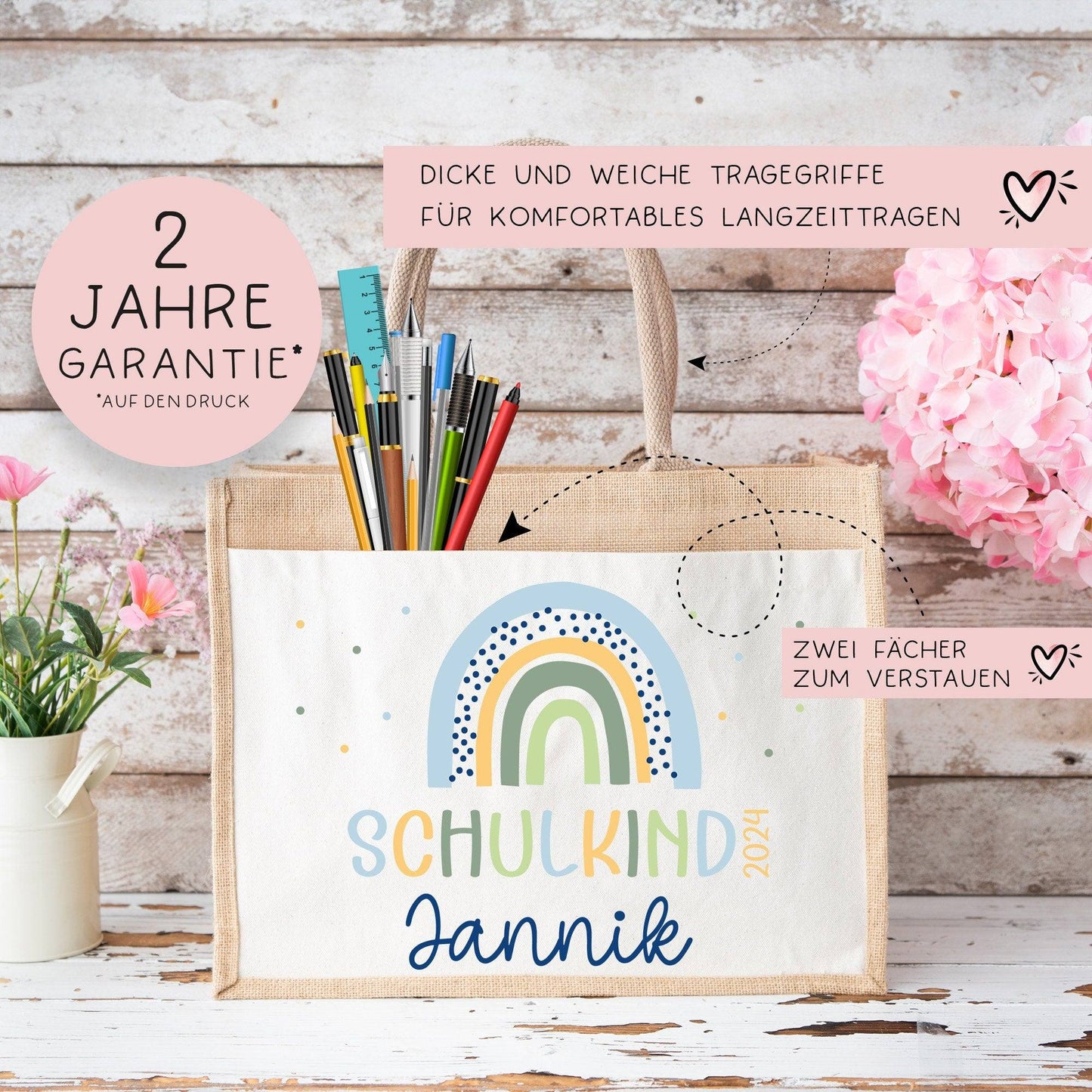 Schulkind 2024 Tasche , Regenbogen Blau Schultasche, Geschenk Einschulung, Schultüte, personalisierte Jutetasche, Einschulungsgeschenk Jungs  kleinebuchstaben   