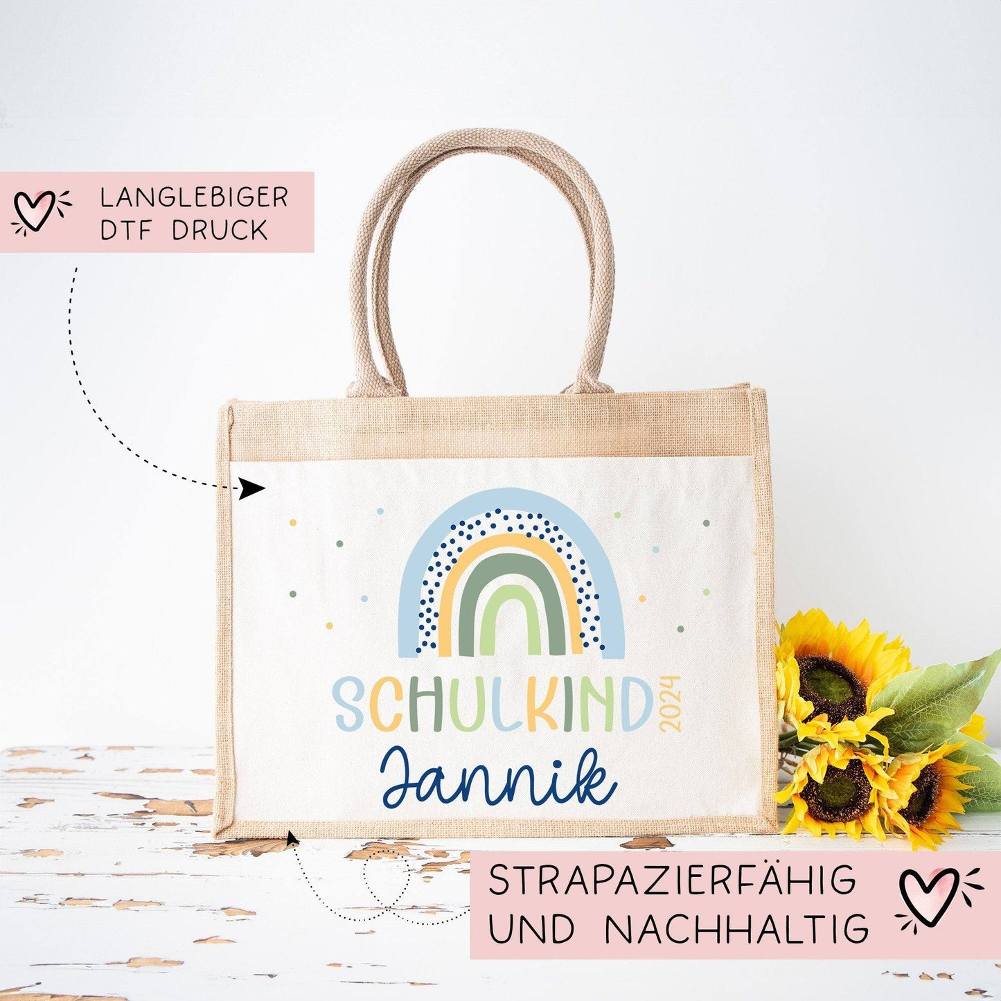 Schulkind 2024 Tasche , Regenbogen Blau Schultasche, Geschenk Einschulung, Schultüte, personalisierte Jutetasche, Einschulungsgeschenk Jungs  kleinebuchstaben   