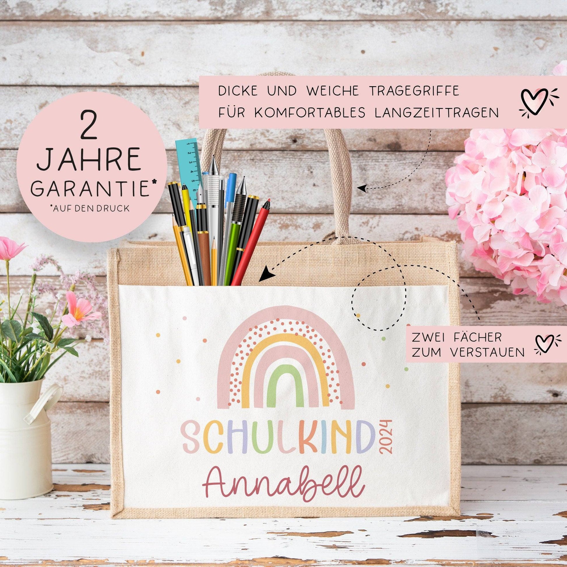 Schulkind 2024 Tasche, Regenbogen Rosa Mädchen, Geschenk Einschulung, Schultüte, personalisierte Jutetasche, Einschulungsgeschenk  kleinebuchstaben   