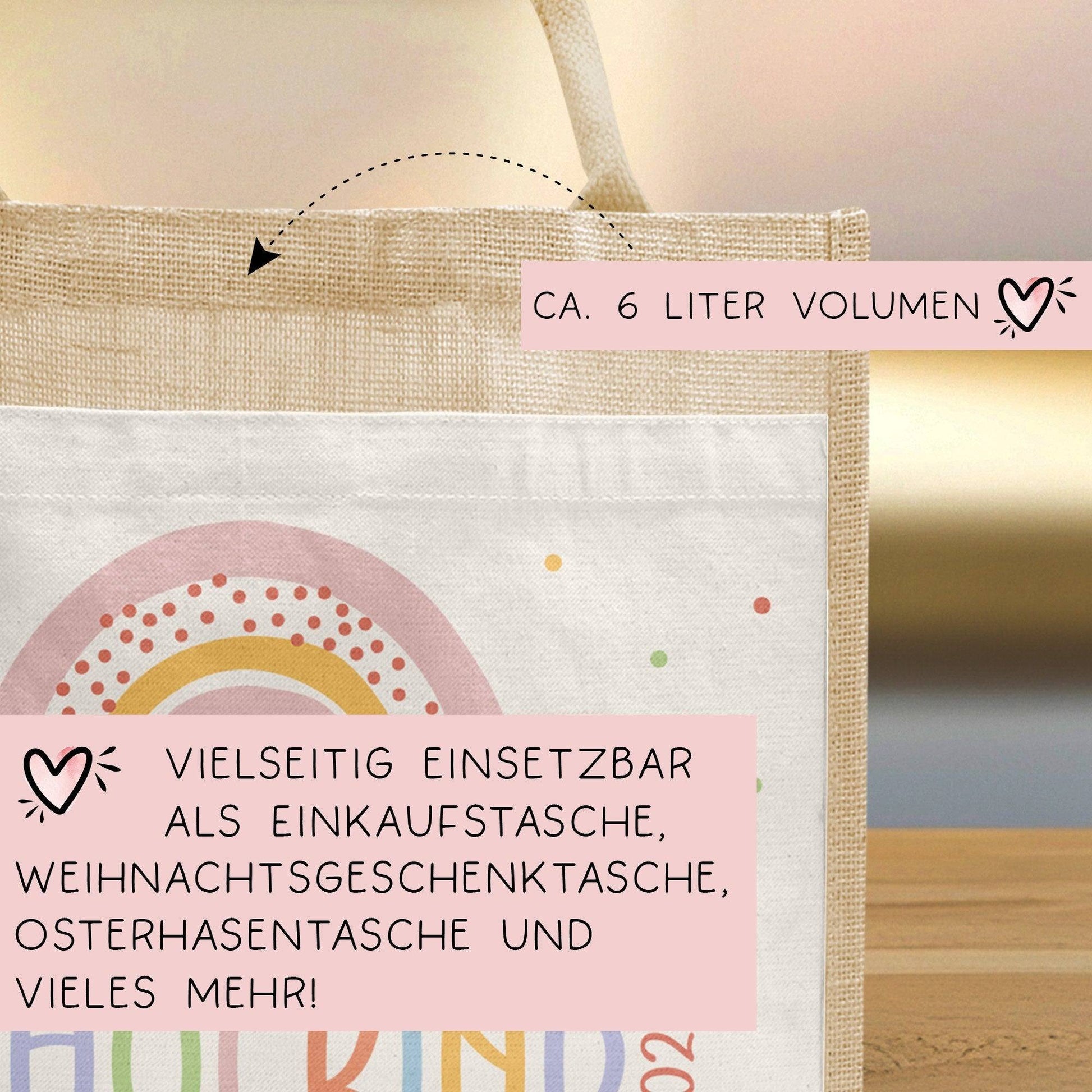 Schulkind 2024 Tasche, Regenbogen Rosa Mädchen, Geschenk Einschulung, Schultüte, personalisierte Jutetasche, Einschulungsgeschenk  kleinebuchstaben   