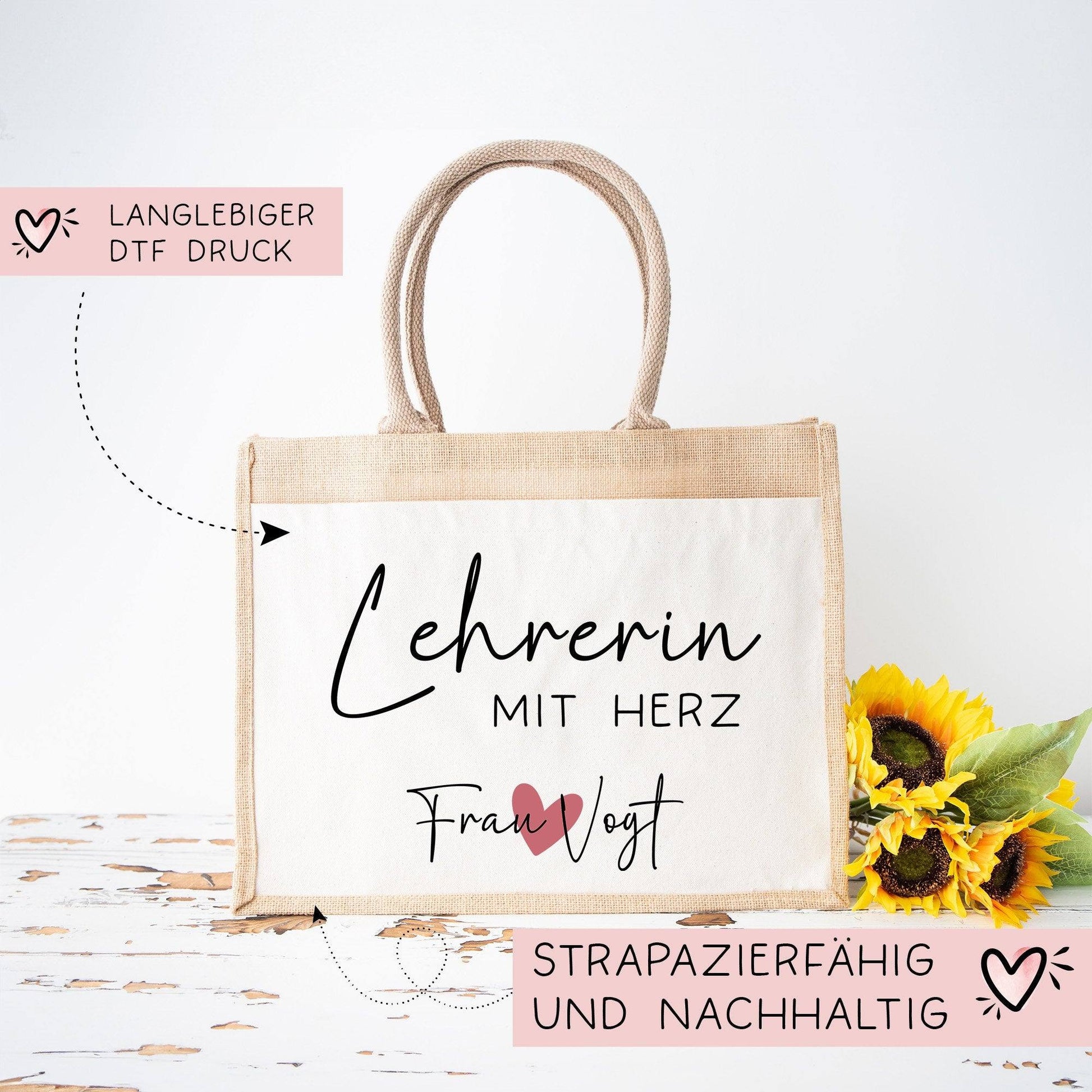 Lehrerin mit Herz Tasche mit Namen - kleines Geschenk - Dankeschön Juteasche Abschiedsgeschenk - Beste Lehrerin mit Wunschtext  kleinebuchstaben   