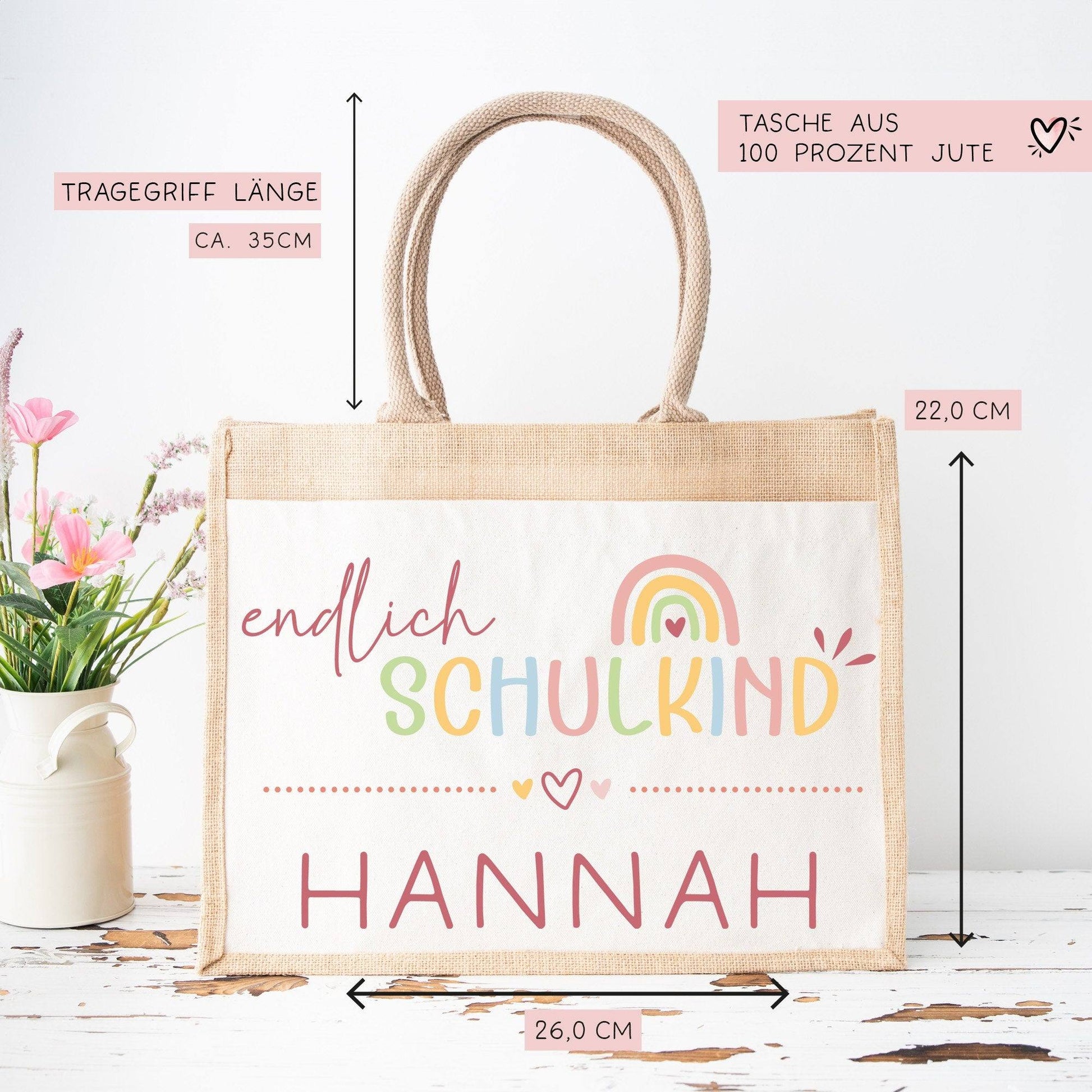 Endlich Schulkind 2024 personalisiert mit Namen Schultasche, Geschenk Einschulung, personalisierte Jutetasche, Einschulungsgeschenk  kleinebuchstaben   