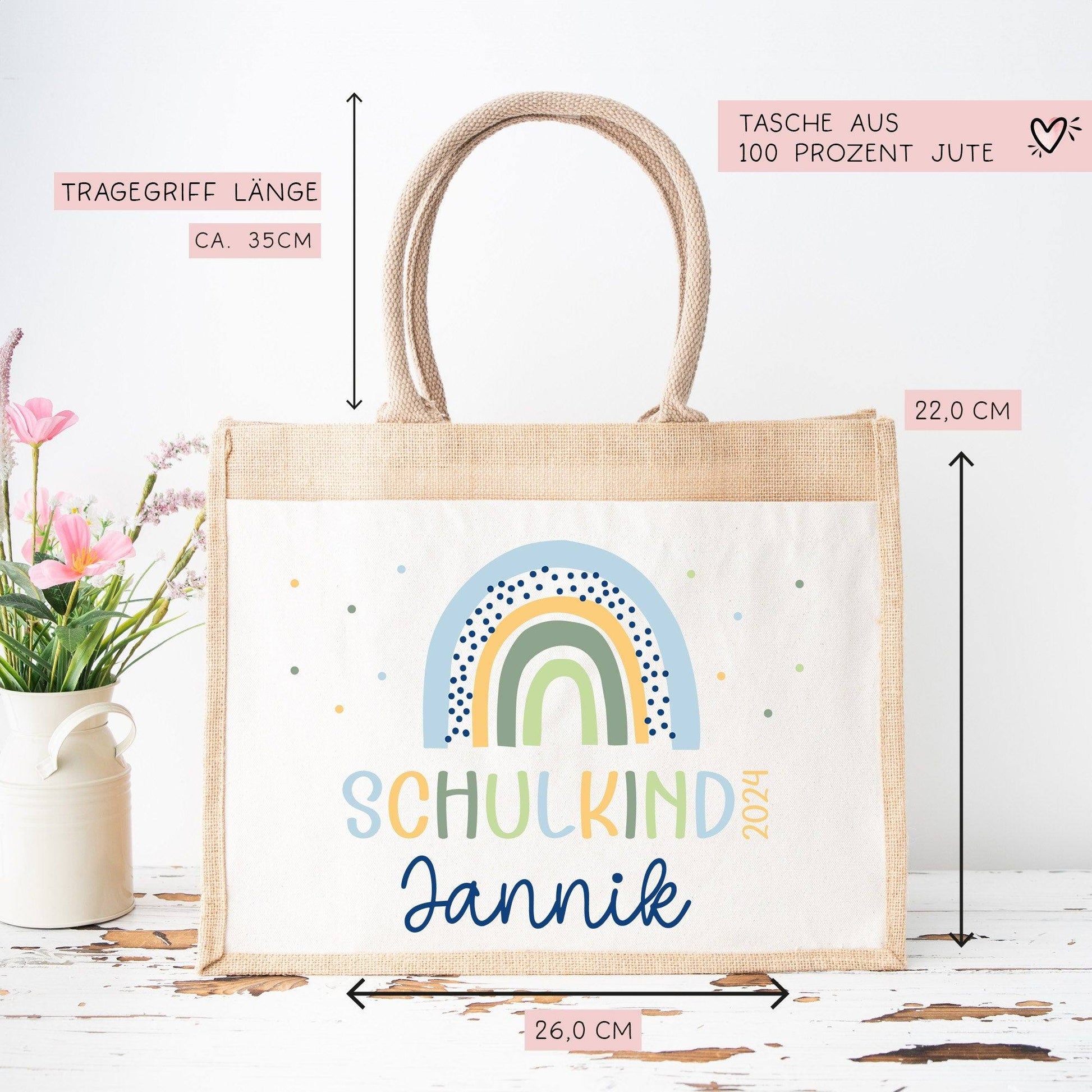 Schulkind 2024 Tasche , Regenbogen Blau Schultasche, Geschenk Einschulung, Schultüte, personalisierte Jutetasche, Einschulungsgeschenk Jungs  kleinebuchstaben   