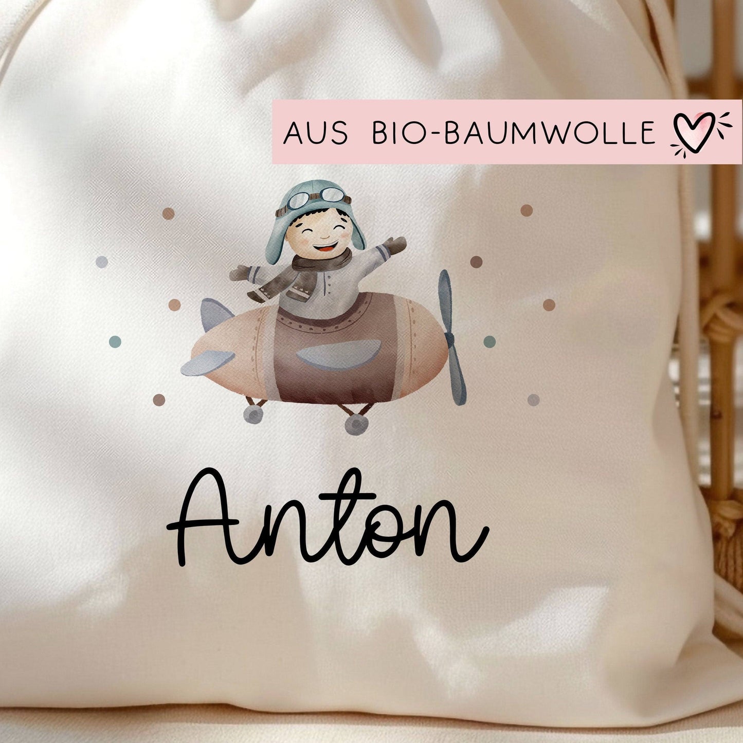 Flugzeug Turnbeutel Rucksack mit Namen - GymBag als Wäschebeutel, Sportbeutel Kinderbeutel für Schule, Kindergarten, Kita. Personalisiert  kleinebuchstaben   