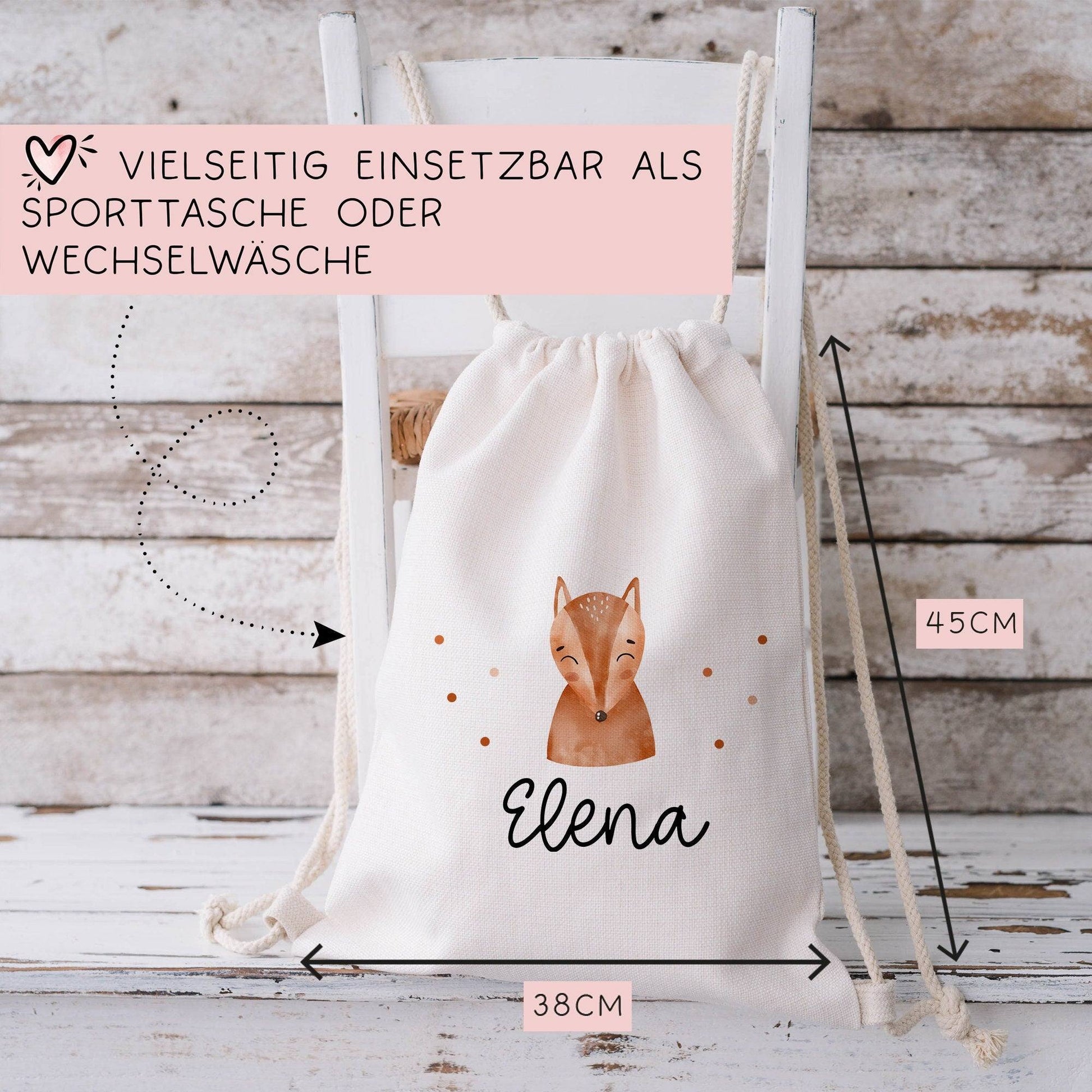 Fuchs Turnbeutel Rucksack mit Namen - GymBag als Wäschebeutel, Sportbeutel Kinderbeutel für Schule, Kindergarten, Kita. Personalisiert  kleinebuchstaben   