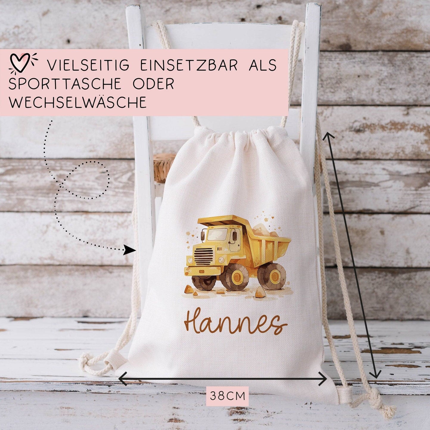 LKW Kipper Turnbeutel Rucksack mit Namen - GymBag als Wäschebeutel, Sportbeutel Kinderbeutel für Schule, Kindergarten, Kita. Personalisiert  kleinebuchstaben   