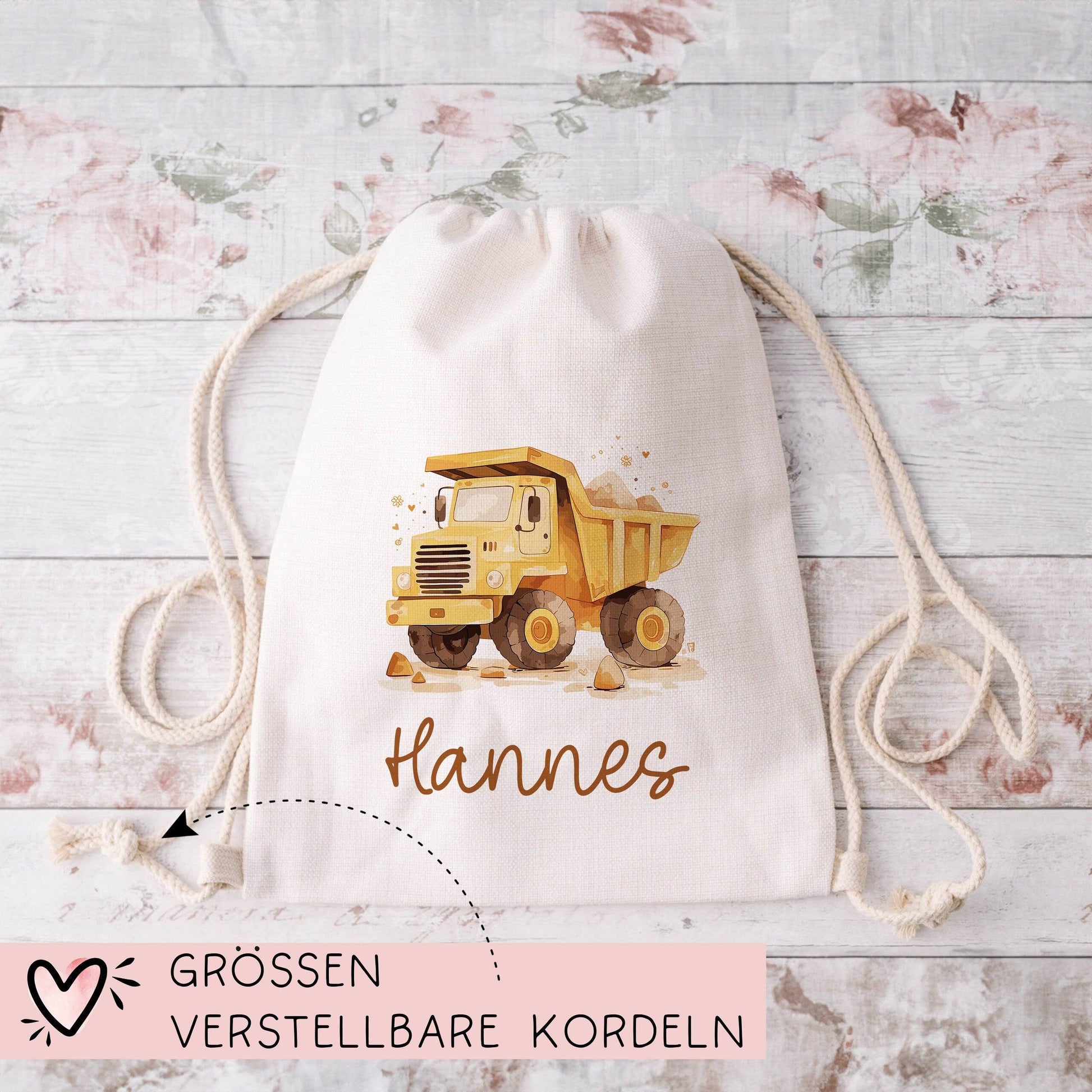 LKW Kipper Turnbeutel Rucksack mit Namen - GymBag als Wäschebeutel, Sportbeutel Kinderbeutel für Schule, Kindergarten, Kita. Personalisiert  kleinebuchstaben   