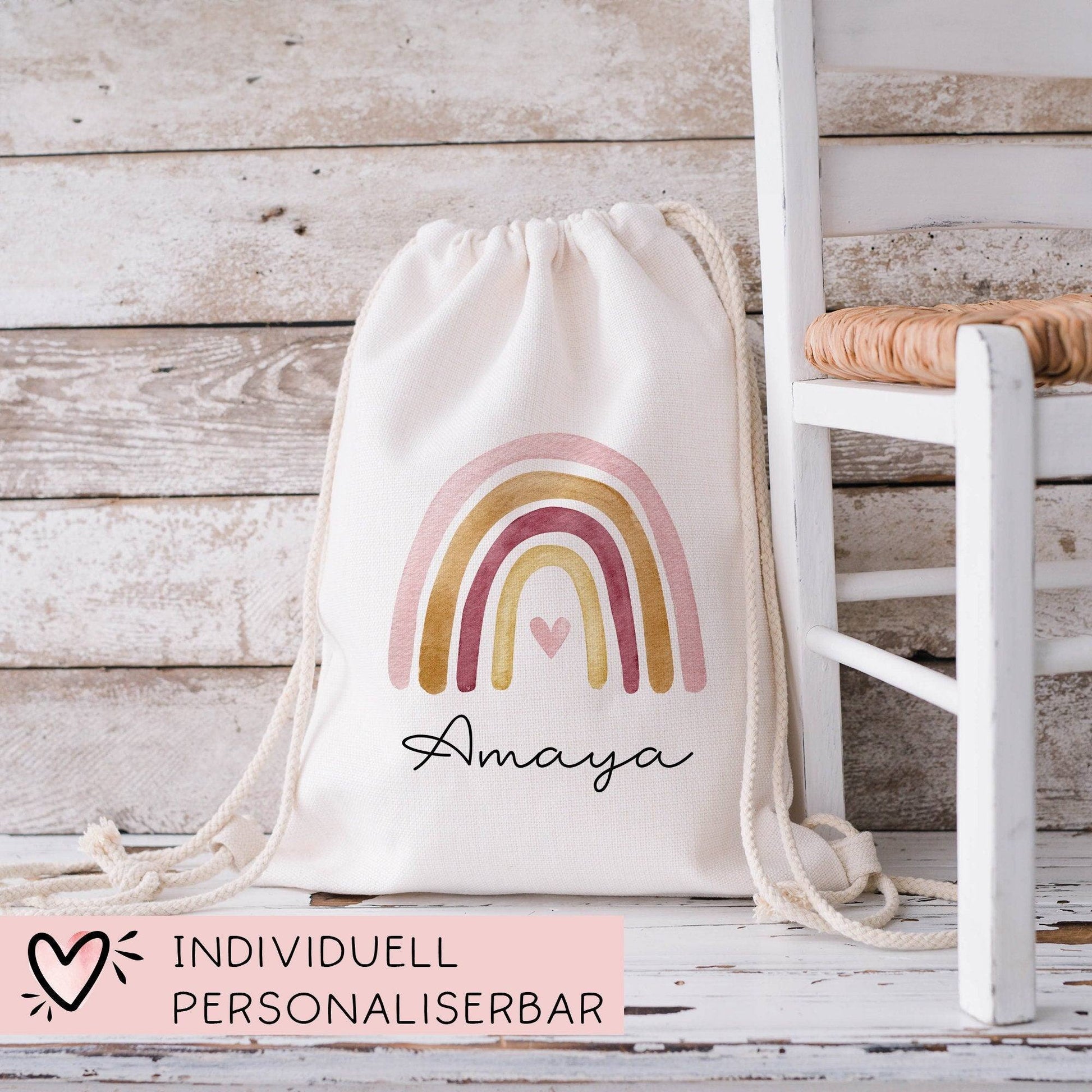 Regenbogen Turnbeutel Rucksack mit Namen - GymBag als Wäschebeutel, Sportbeutel Kinderbeutel für Schule, Kindergarten, Kita. Personalisiert  kleinebuchstaben   