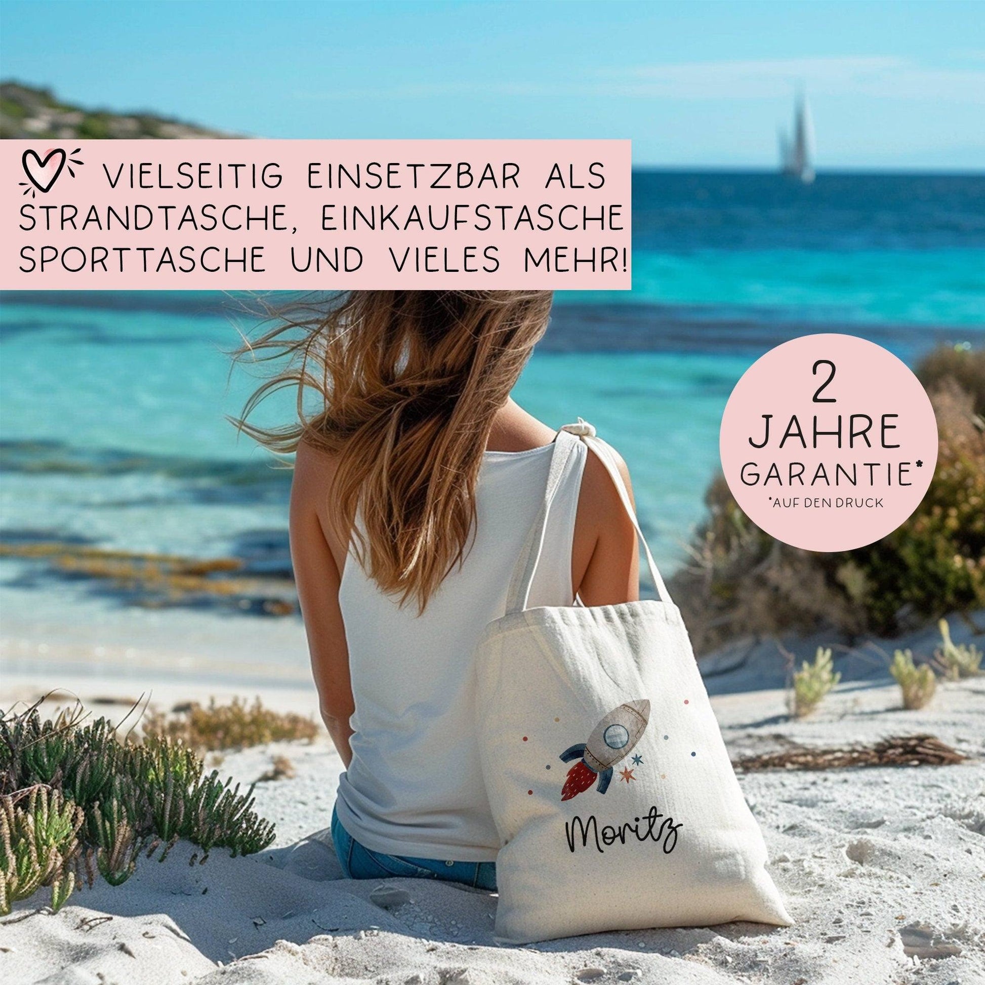 Rakete Stofftasche Tasche Kinder-Beutel mit Namen Wunschname als Sporttasche, Wechselwäsche, Tragetasche - Kita, Schule & Kindergarten  kleinebuchstaben   