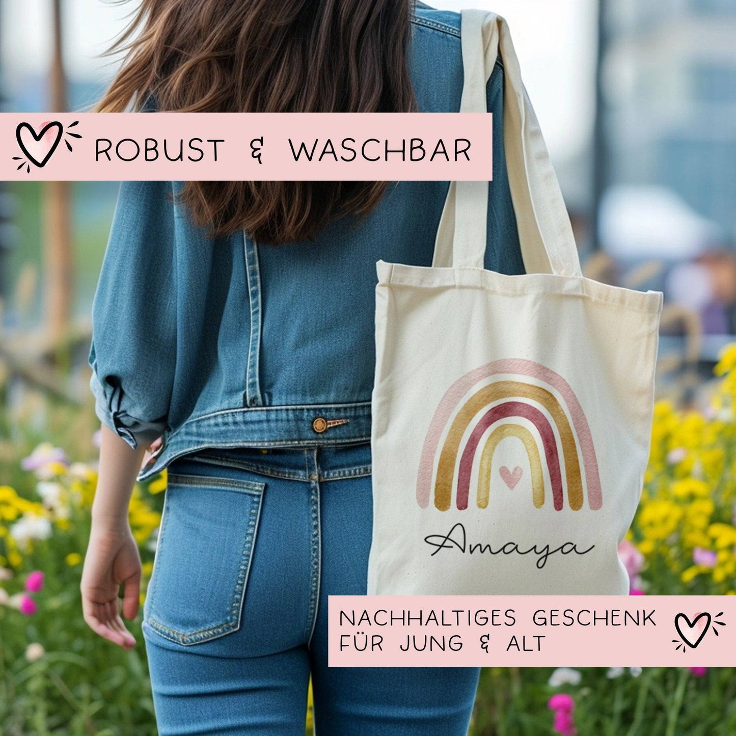 Regenbogen Stofftasche Tasche Kinder-Beutel mit Namen als Sporttasche, Wechselwäsche, Tragetasche - Kita, Schule & Kindergarten - Motiv 07  kleinebuchstaben   