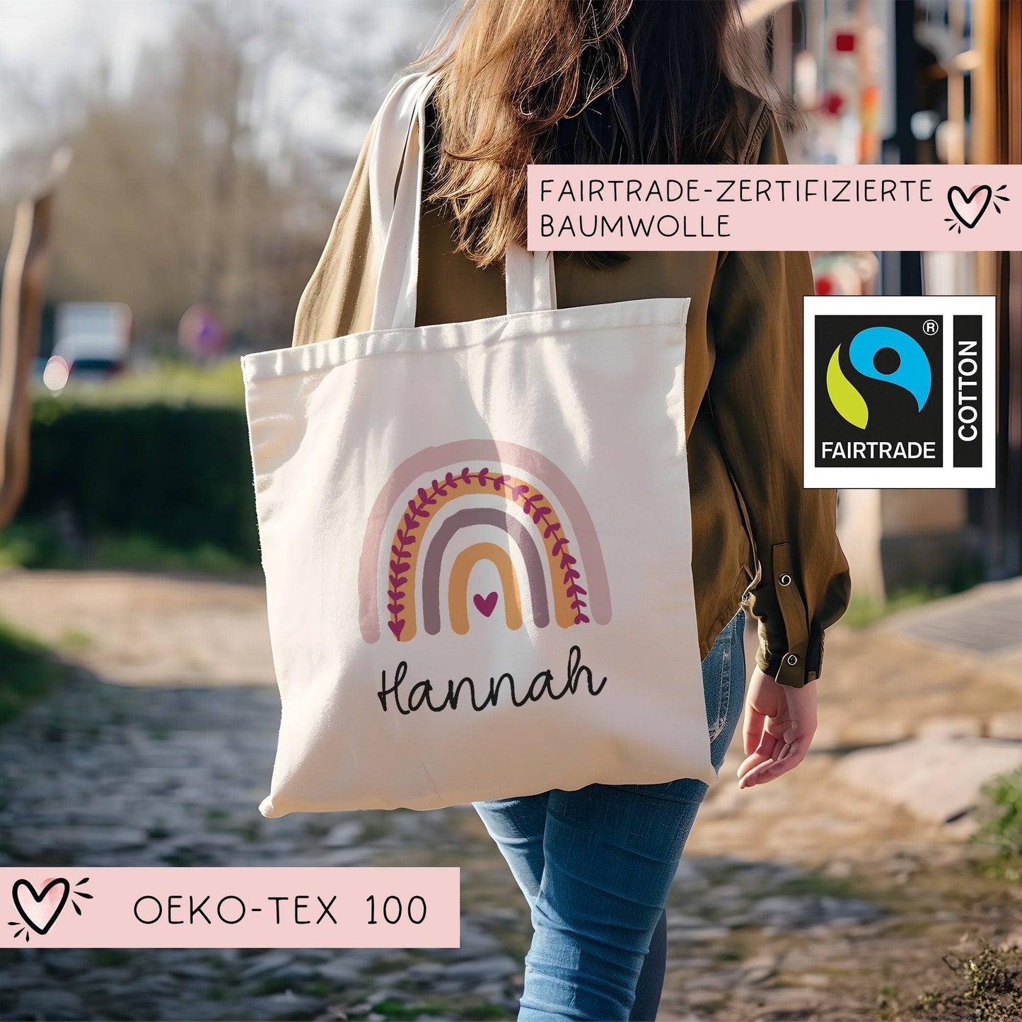 Regenbogen Rosa Orange Stofftasche Tasche Kinder-Beutel mit Namen als Sporttasche, Wechselwäsche, Tragetasche - Kita, Schule & Kindergarten  kleinebuchstaben   