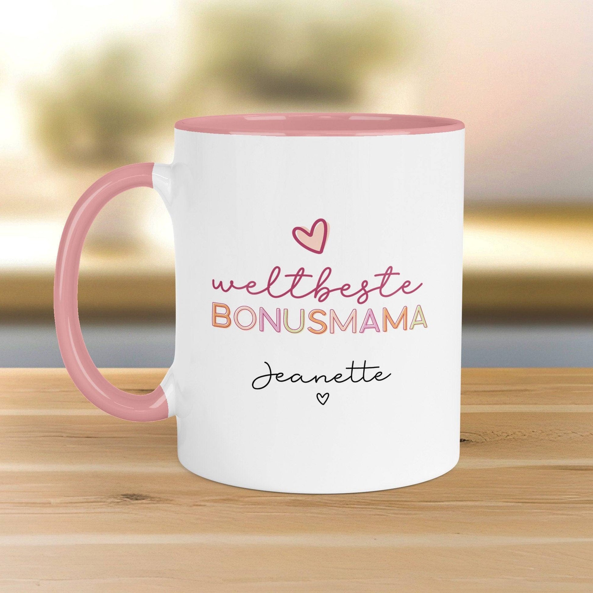 Weltbeste Bonus Mama Tasse - Bonusmama - Geschenk personalisiert -  für Mama, Bonus-Mama, Oma zum Geburtstag - Muttertag - Weihnachten  kleinebuchstaben Bonusmama Innen & Henkel Rosa 