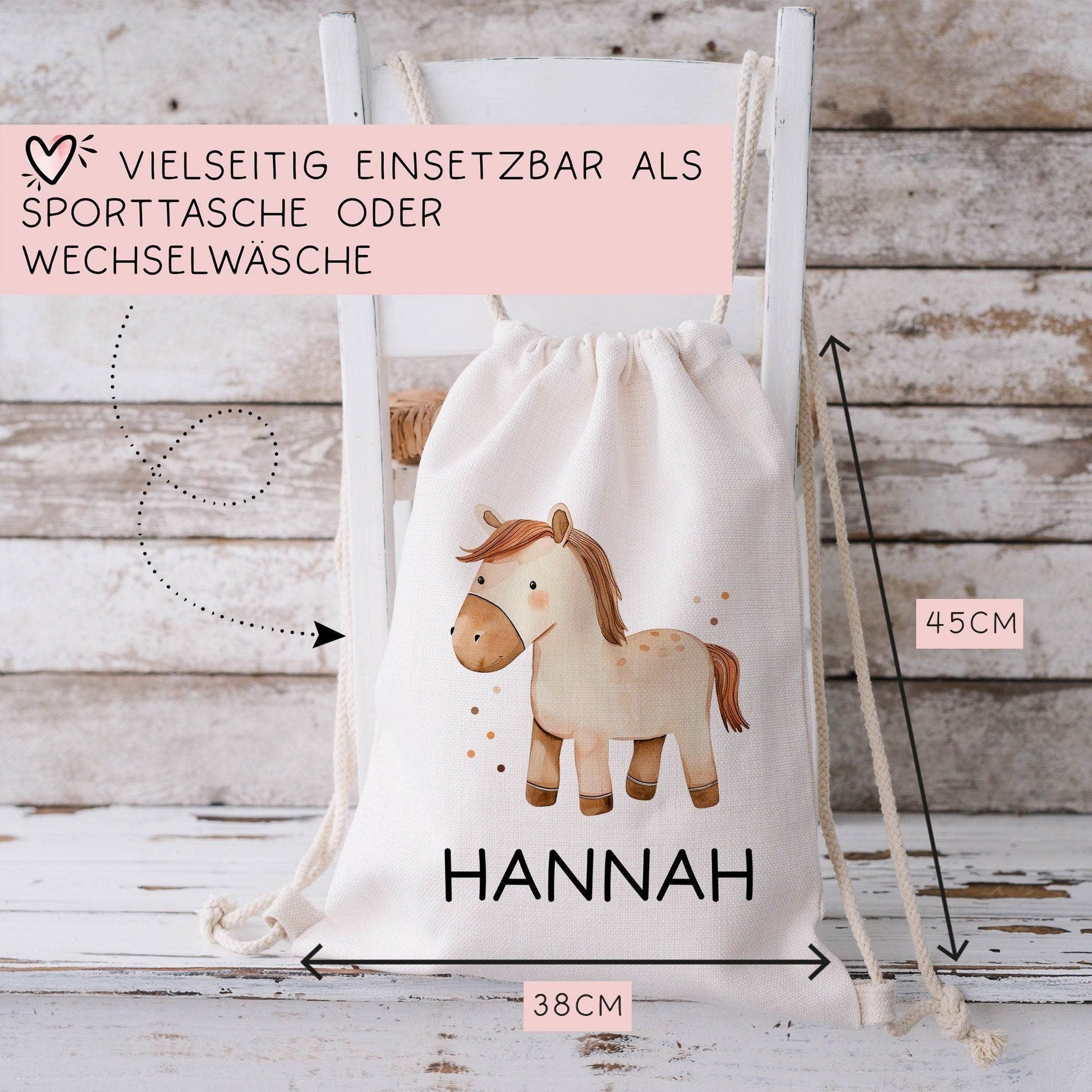 Personalisierter Turnbeutel Pferd mit Wunschnamen |  Rucksack für Schule, Kindergarten, KITA , KIGA Wäschebeutel, Sportbeutel l Tierkinder  kleinebuchstaben   