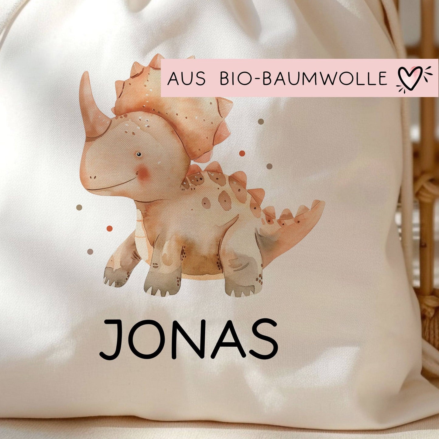 Personalisierter Turnbeutel Dinosaurier Dino "Triceratops " mit Wunschnamen |Rucksack für Schule, Kindergarten,KITA,Wäschebeutel,Sportbeutel  kleinebuchstaben   