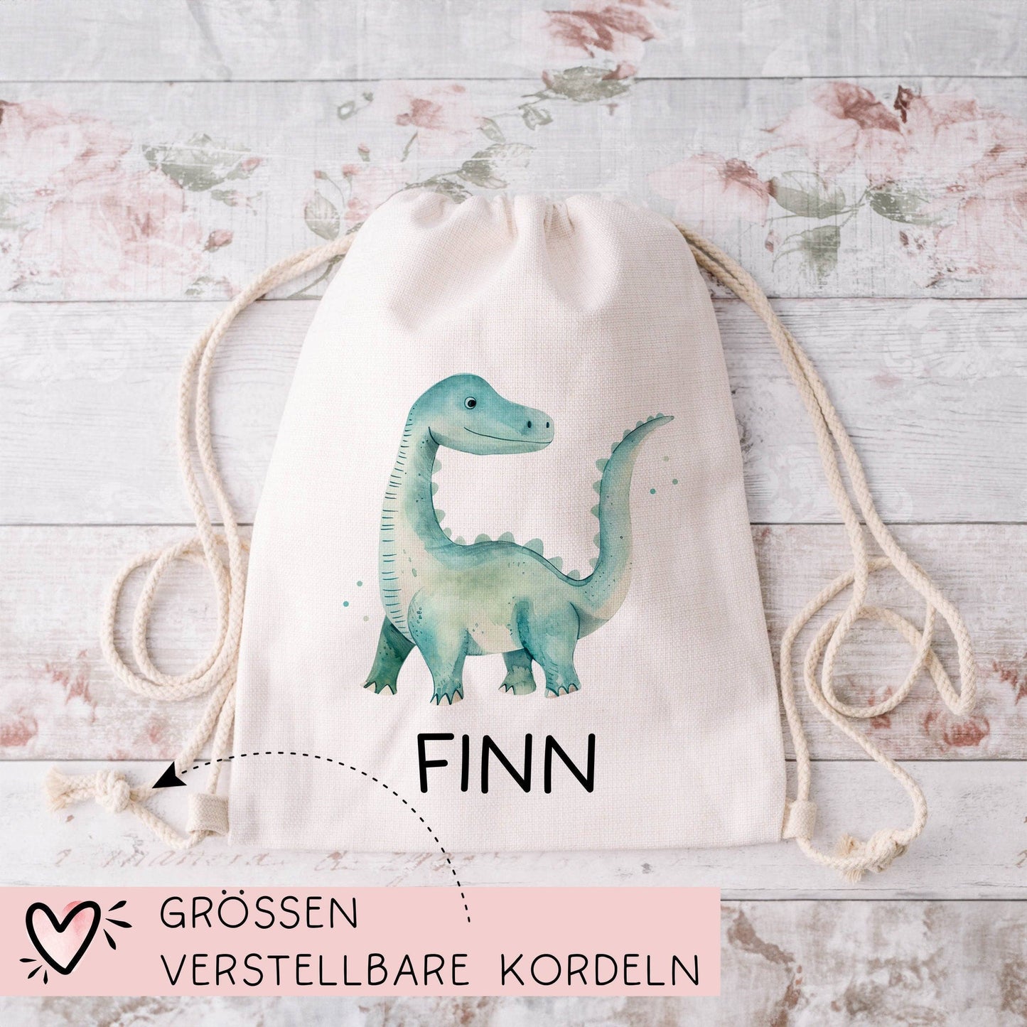 Personalisierter Turnbeutel Dino Dinosaurier "Brontosaurus" mit Wunschnamen | Rucksack Schule, Kindergarten, KITA, Wäschebeutel, Sportbeutel  kleinebuchstaben   