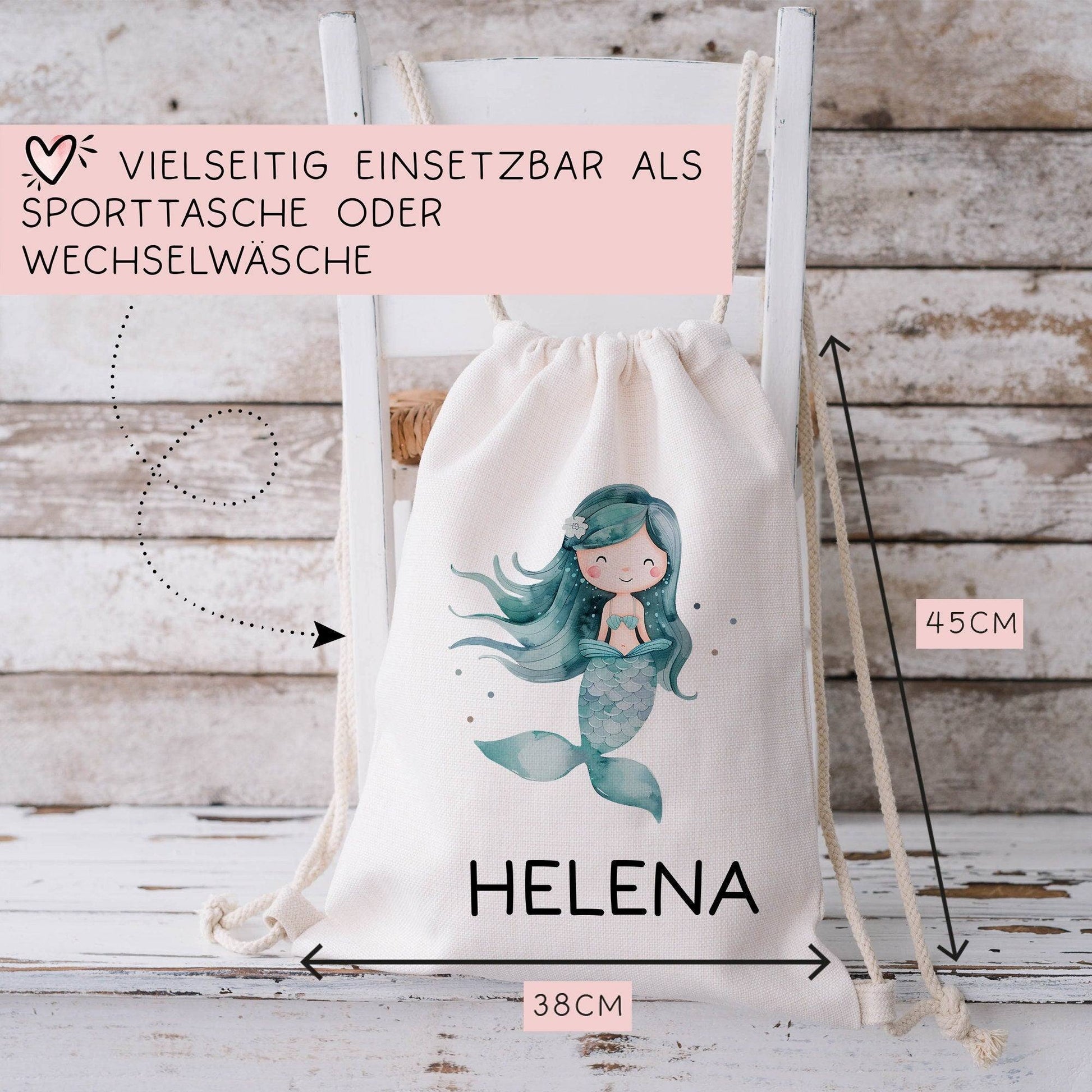 Turnbeutel Meerjungfrau Personalisiert | Nixe mit Wunschnamen Rucksack Schule, Kindergarten, KITA, Wäschebeutel, Sportbeutel, Wechselwäsche  kleinebuchstaben   