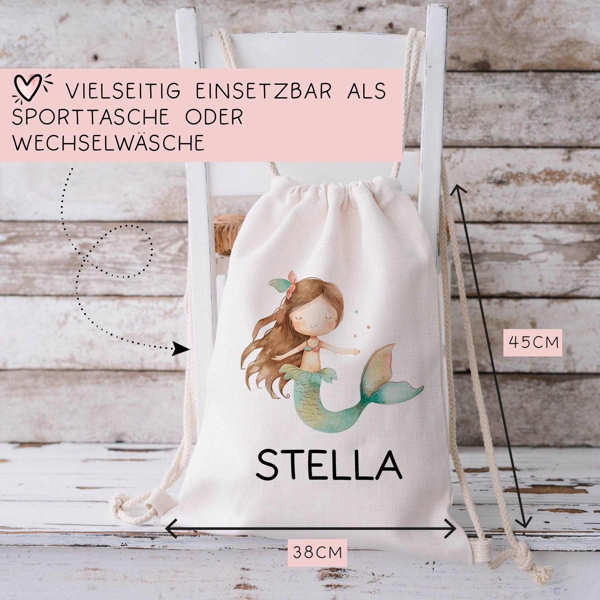 Sportbeutel Meerjungfrau Personalisiert | Nixe mit Wunschnamen Rucksack Schule, Kindergarten, KITA, Wäschebeutel, Turnbeutel, Wechselwäsche  kleinebuchstaben   