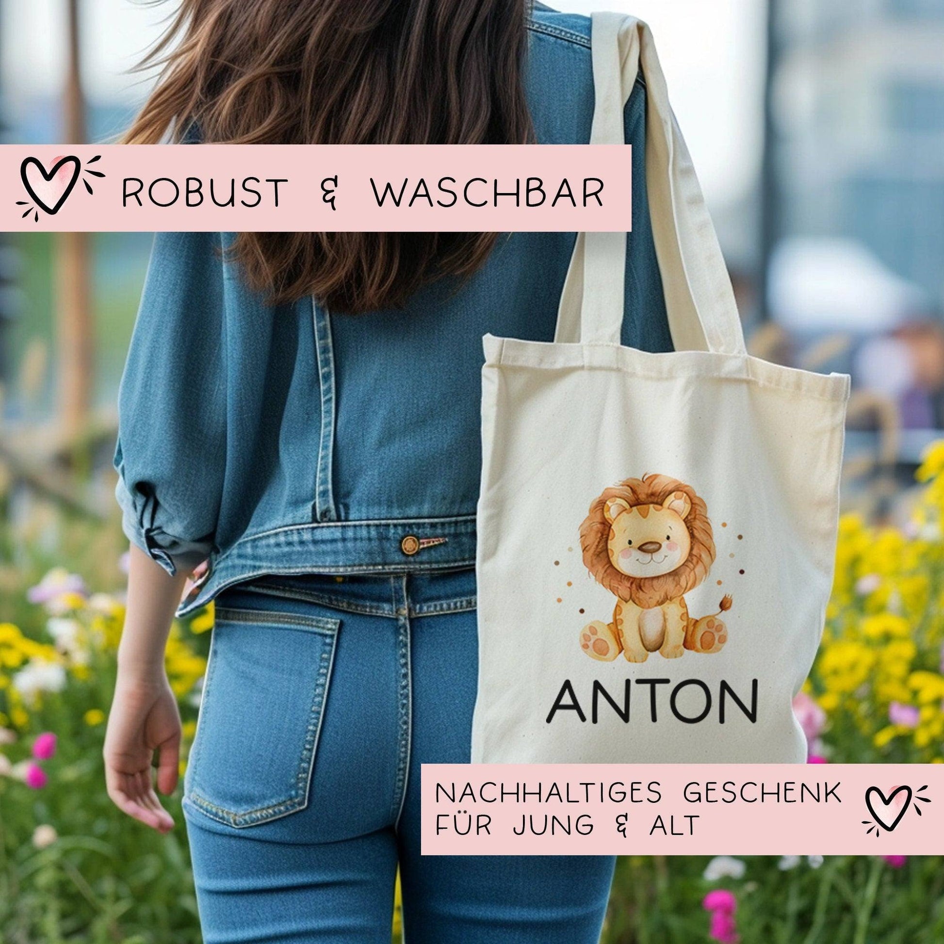 Einschulung Stofftasche mit Namen Löwe personalisiert Kinder-Beutel als Sporttasche, Wechselwäsche, Stoffbeutel -Kita, Schule & Kindergarten  kleinebuchstaben   