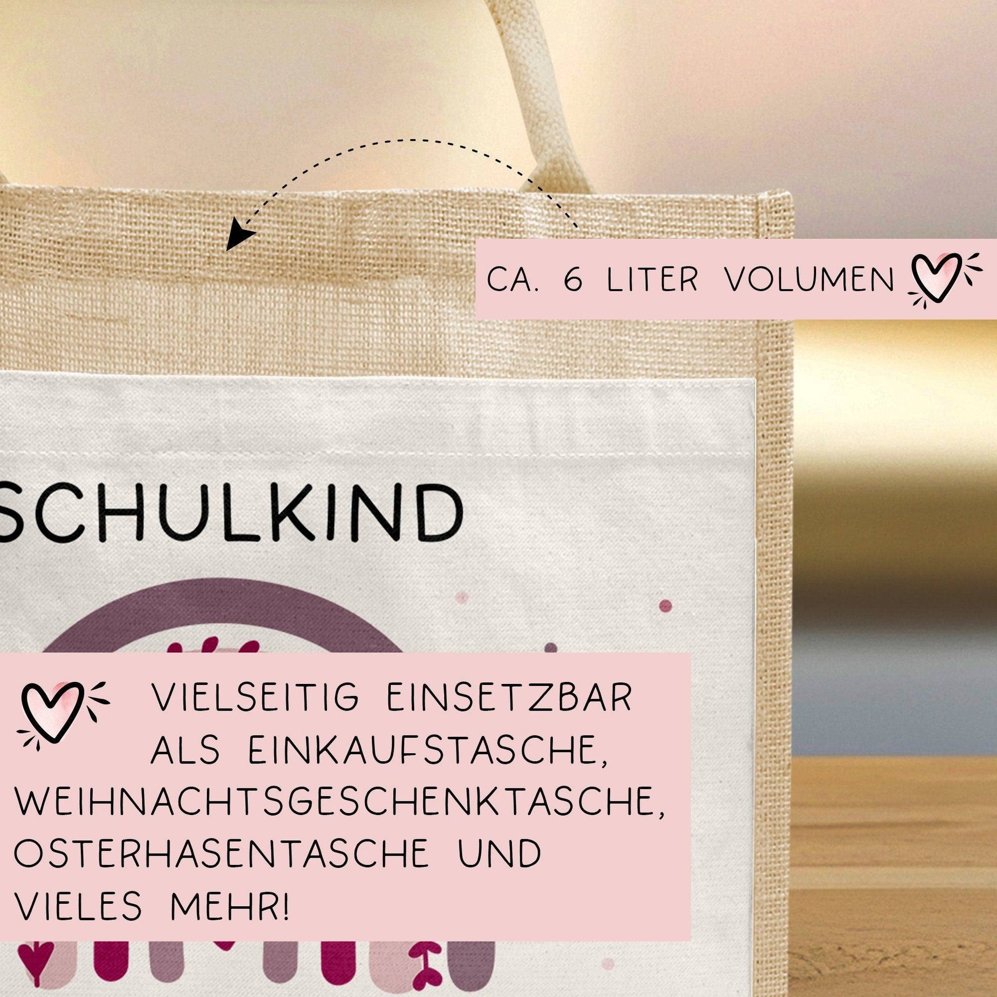 Einschulung - Personalisierte Jute Pocket Tasche | mit Wunschnamen | Schulkind Regenbogen Herz | Lila | als Geschenktasche für Schulanfang  kleinebuchstaben   