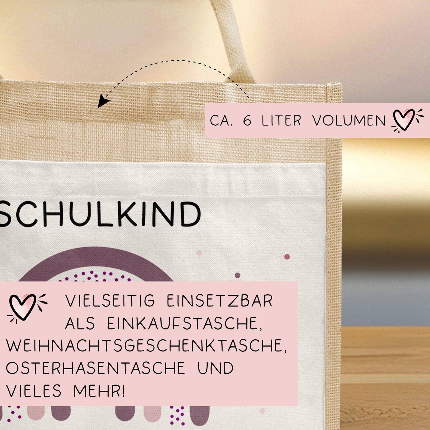 Einschulung Jute Pocket Tasche Personalisiert mit Wunschnamen | Schulkind Regenbogen Herz als Geschenktasche für Schulanfang - 1 Schultag  kleinebuchstaben   