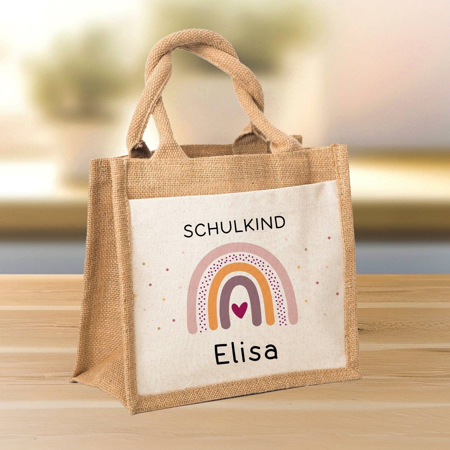 Schulkind Regenbogen Einschulung Tasche | Jute Pocket |Personalisiert mit Wunschnamen | Herz als Geschenktasche für Schulanfang - 1 Schultag  kleinebuchstaben   