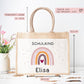 Schulkind Regenbogen Einschulung Tasche | Jute Pocket |Personalisiert mit Wunschnamen | Herz als Geschenktasche für Schulanfang - 1 Schultag  kleinebuchstaben   