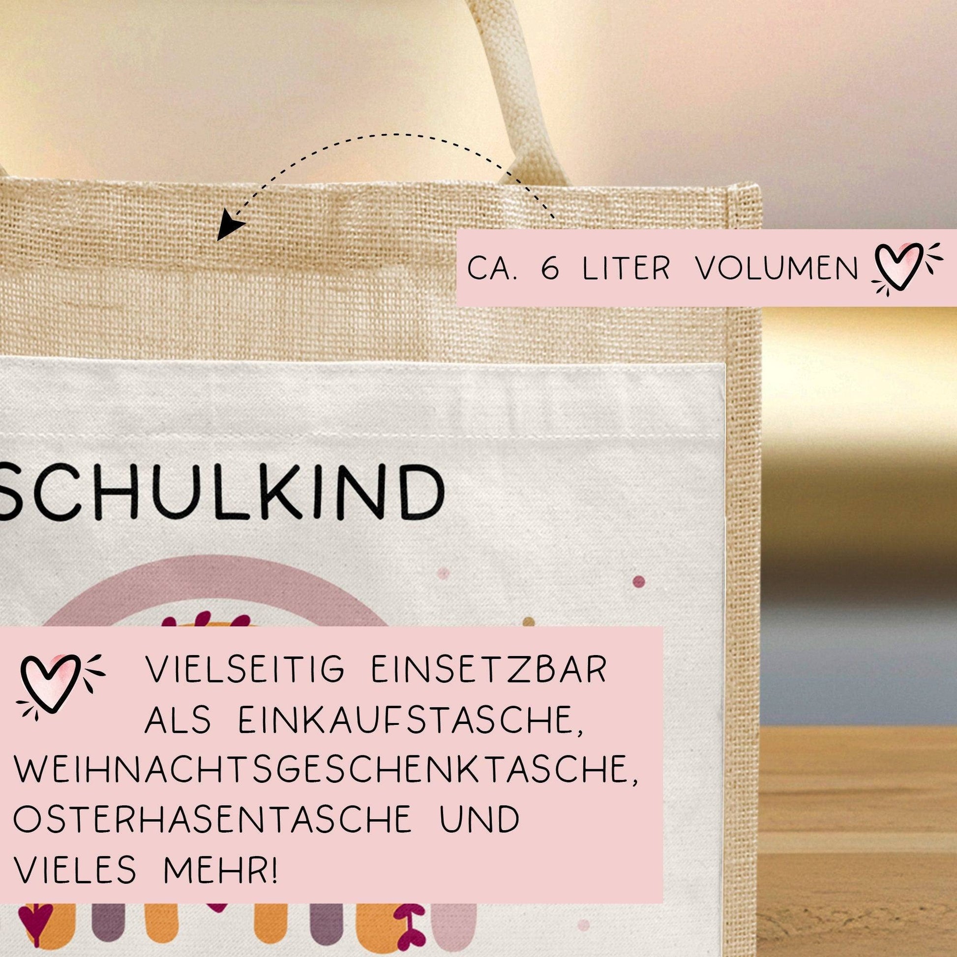 Geschenkidee zur Einschulung Tasche Regenbogen Schulkind mit Wunschnamen | Jute Pocket | Personalisiert | Geschenktasche für Schulanfang  kleinebuchstaben   