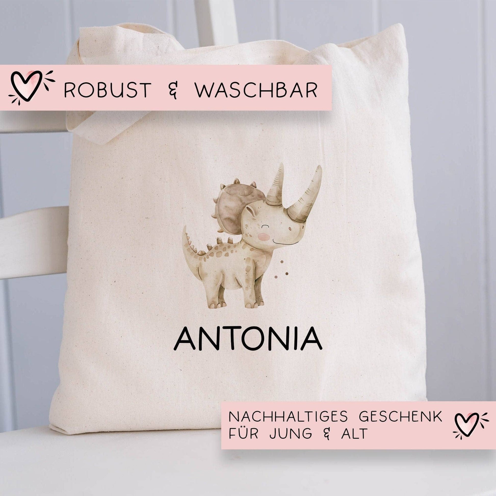 Dinosaurier Dino Stofftasche Tasche Styracosaurus personalisiert Kinder-Beutel als Sporttasche, Wechselwäsche, Stoffbeutel Kita & Schule  kleinebuchstaben   