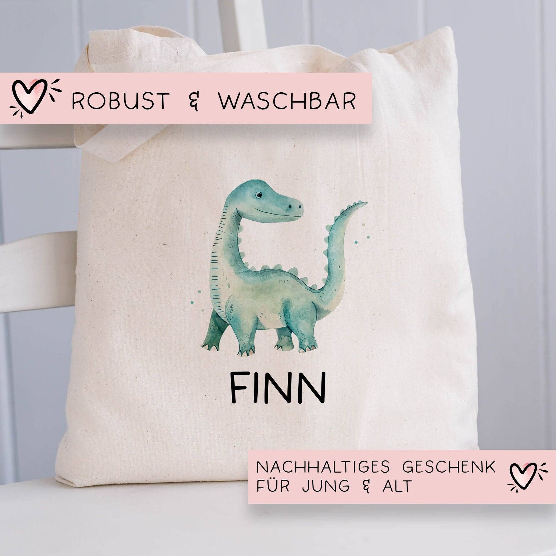 Stoffbeutel Dinosaurier Dino Stofftasche Brontosaurus Tasche personalisiert Kinder-Beutel als Sporttasche, Wechselwäsche, Kita & Schule  kleinebuchstaben   