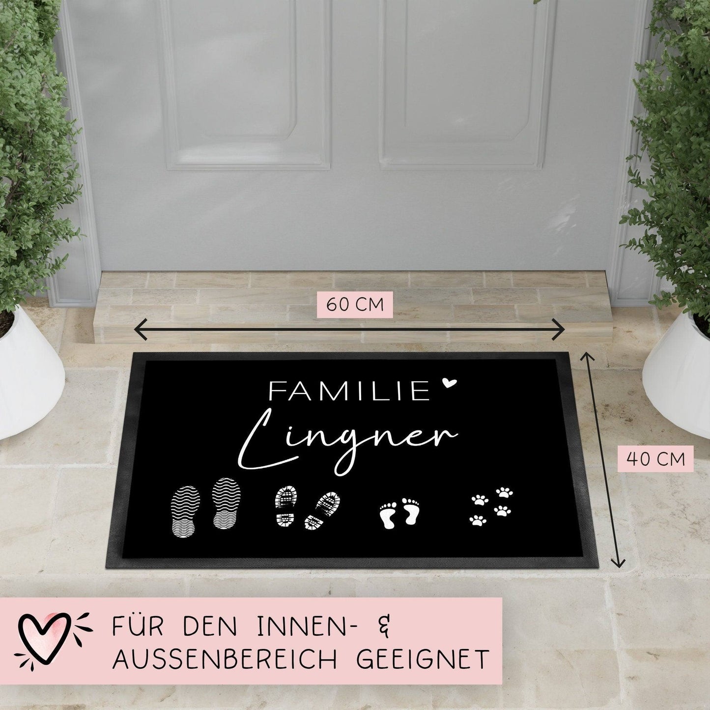 Personalisierte Fußmatte - Fußmatte | personalisierbar mit Familiennamen | Fußabdrücke | 60x40 cm | Geschenkidee zum Umzug, Einzug  kleinebuchstaben   