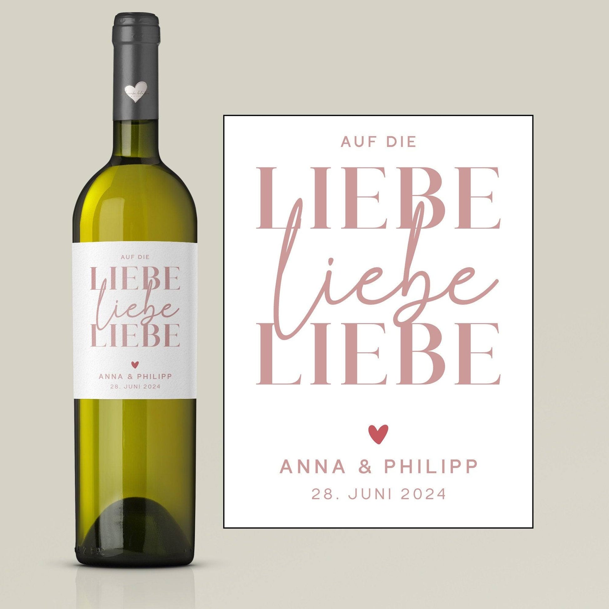 Weinlabel | Hochzeitsgeschenk | Auf die Liebe Liebe Liebe | Wein Flaschen Etikett | Personalisiert mit Namen und Datum | Geschenk Brautpaar  kleinebuchstaben   