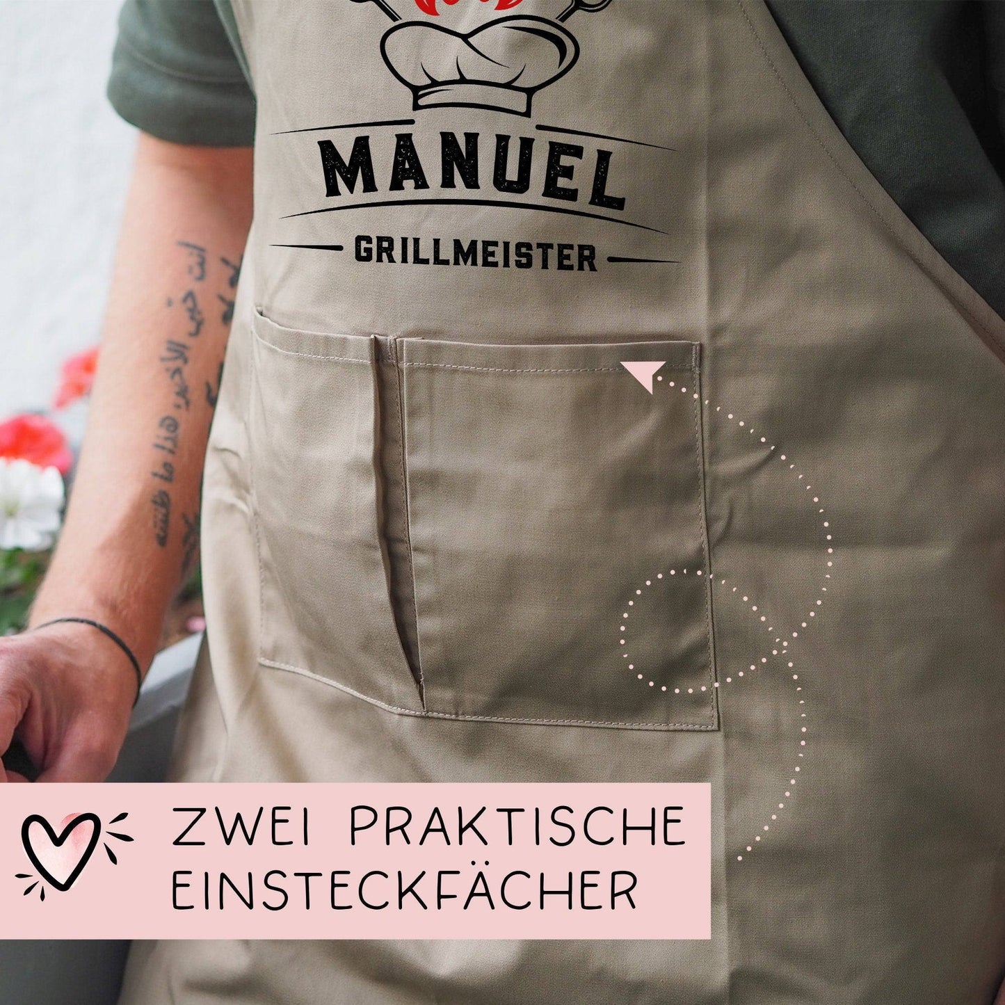 Grillschürze Kochmütze personalisiert für Männer mit Name Kunstleder Applikation zum Geburtstag - Weihnachten Baumwollschürze, Küchenschürze  kleinebuchstaben   