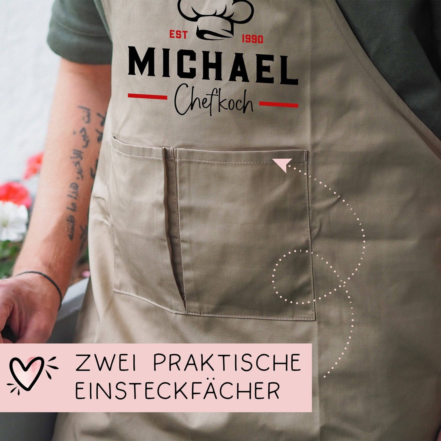 Grillschürze Chefkoch personalisiert für Männer mit Name Kunstleder Applikation zum Geburtstag - Weihnachten Baumwollschürze, Küchenschürze  kleinebuchstaben   