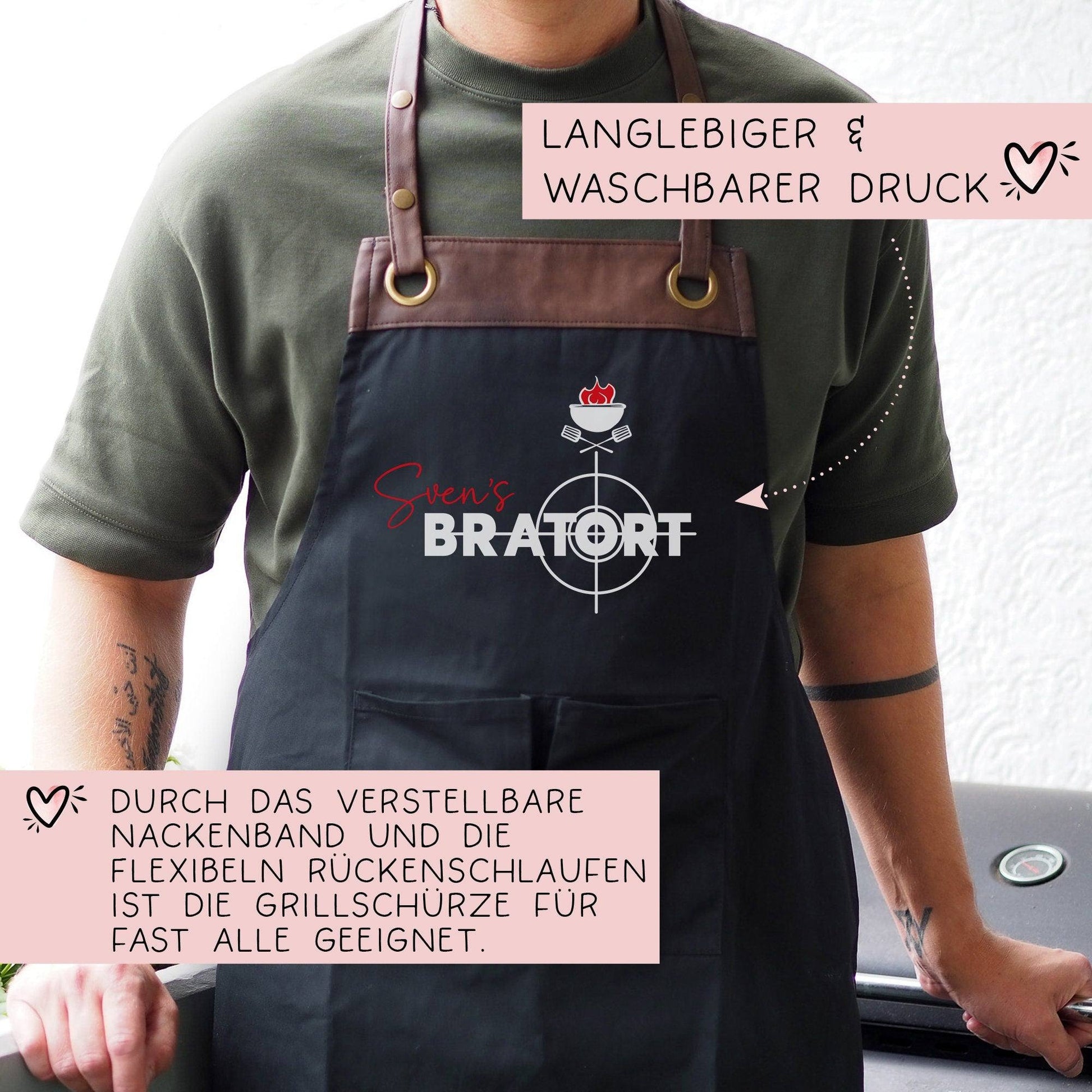 Grillschürze personalisiert Bratort für Männer mit Name & Kunstleder zum Geburtstag - Weihnachten Baumwollschürze, Küchenschürze, Schürze  kleinebuchstaben   