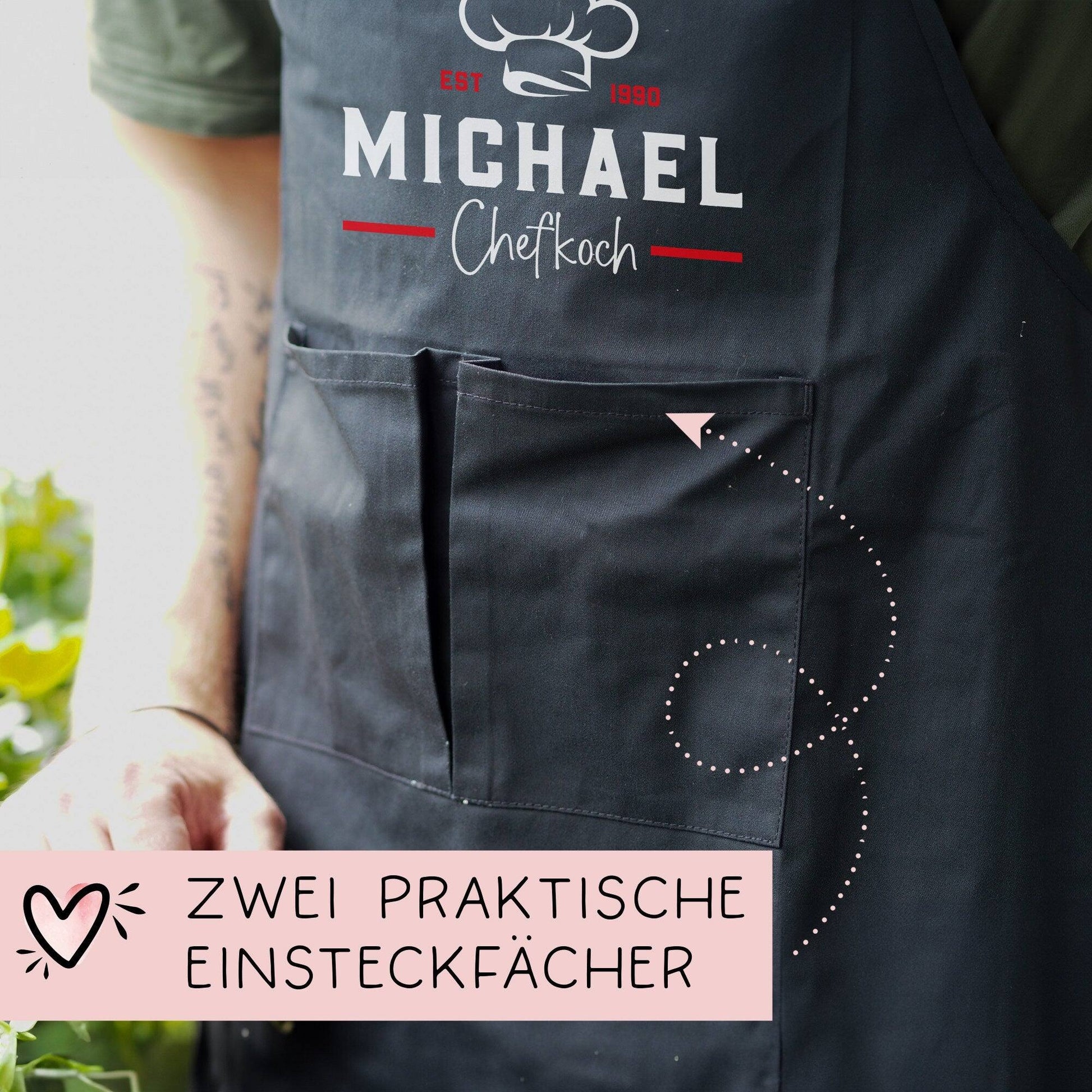 Grillschürze Chefkoch personalisiert für Männer mit Name Kunstleder Applikation zum Geburtstag - Weihnachten Baumwollschürze, Küchenschürze  kleinebuchstaben   