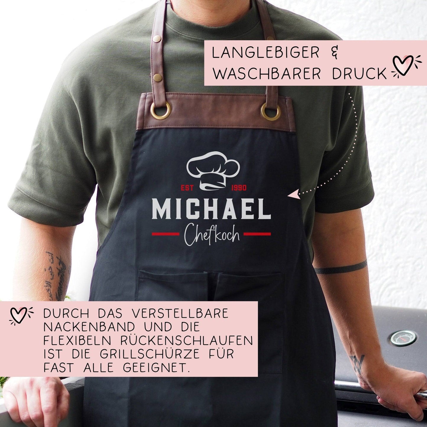 Grillschürze Chefkoch personalisiert für Männer mit Name Kunstleder Applikation zum Geburtstag - Weihnachten Baumwollschürze, Küchenschürze  kleinebuchstaben   