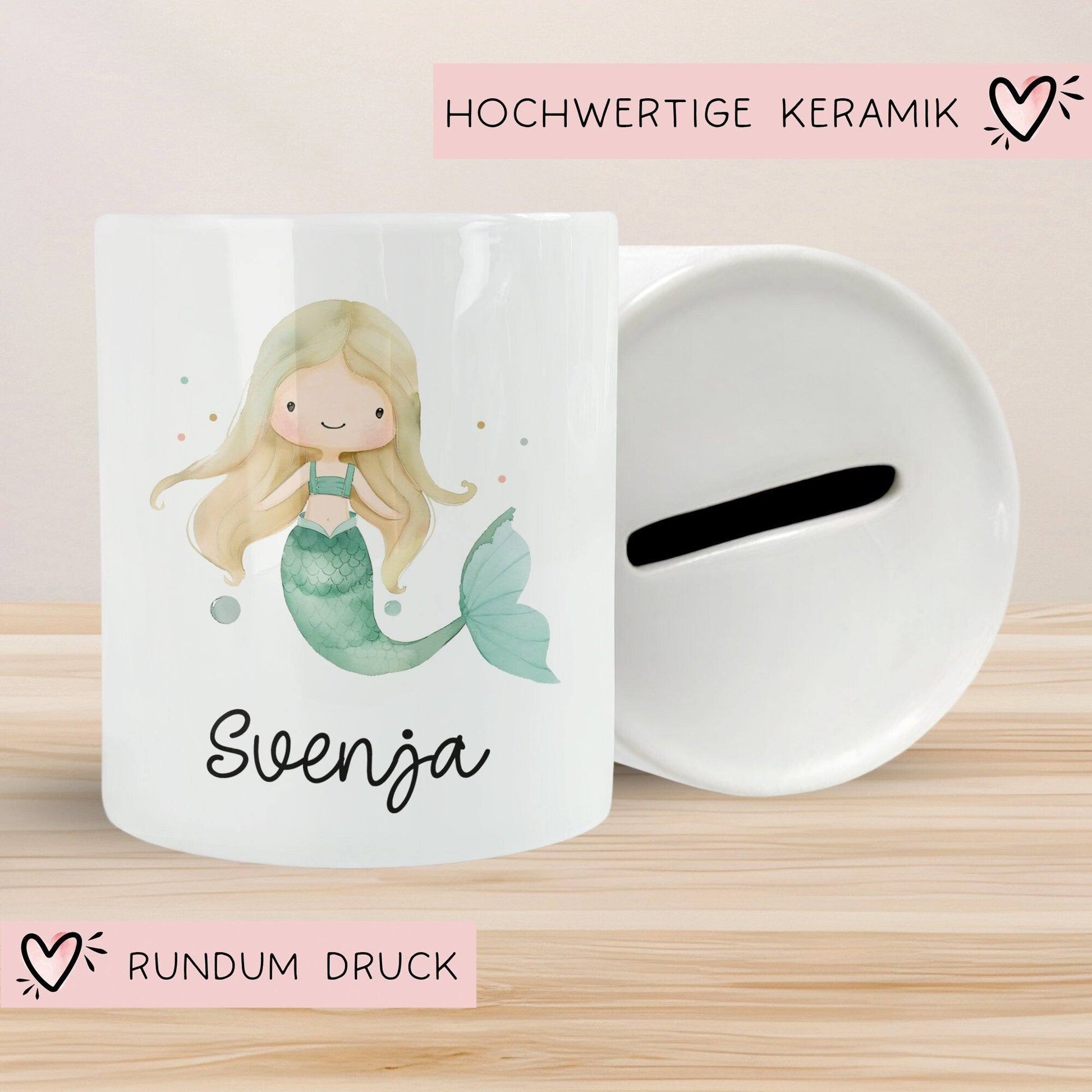 Spardose Meerjungfrau Personalisiert mit Name oder Wunschnamen für Mädchen aus Keramik. Geschenk Taufe, Geburtstag od. Weihnachten - 04  kleinebuchstaben   