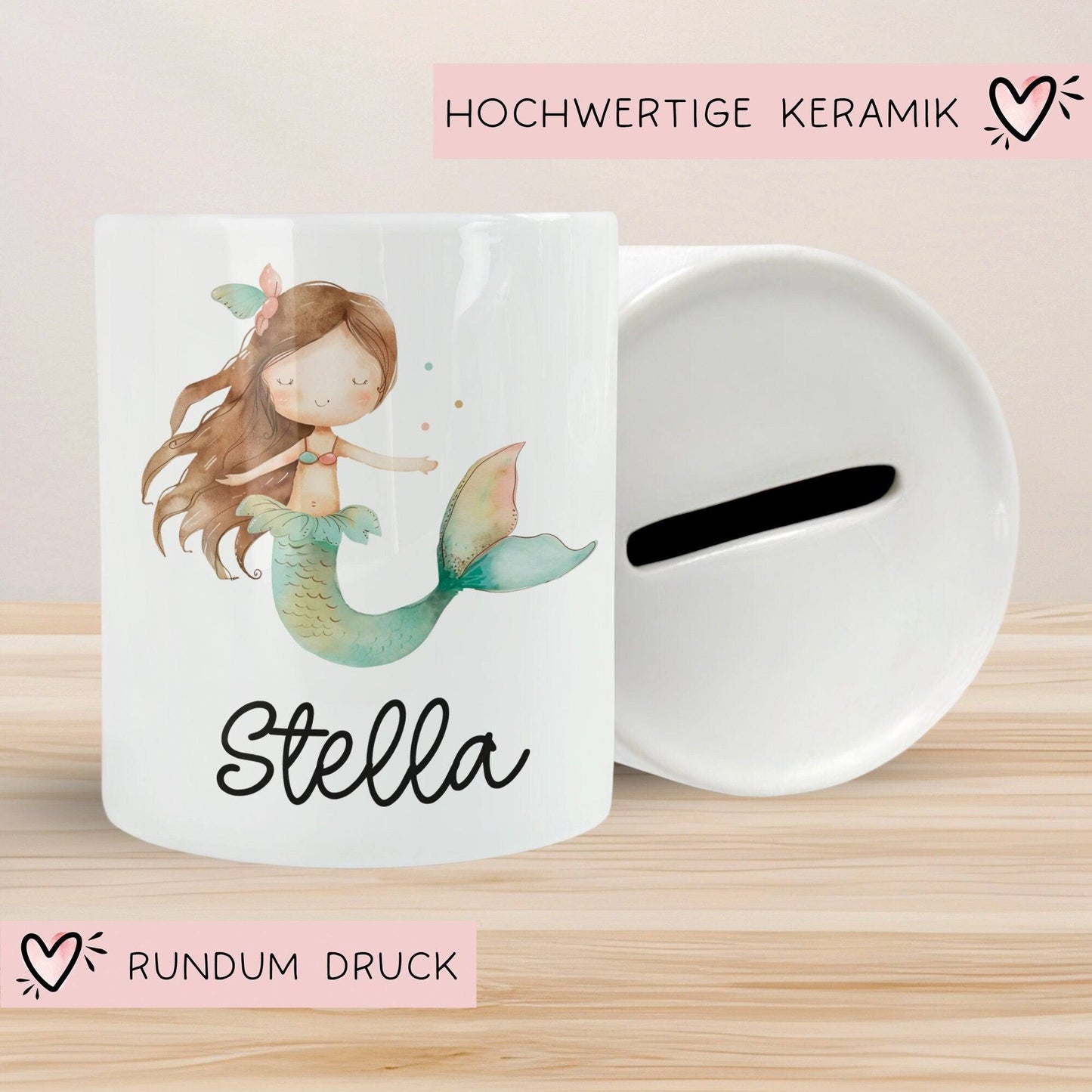 Spardose Meerjungfrau Personalisiert mit Name oder Wunschnamen für Mädchen aus Keramik. Geschenk Taufe, Geburtstag od. Weihnachten - 05  kleinebuchstaben   