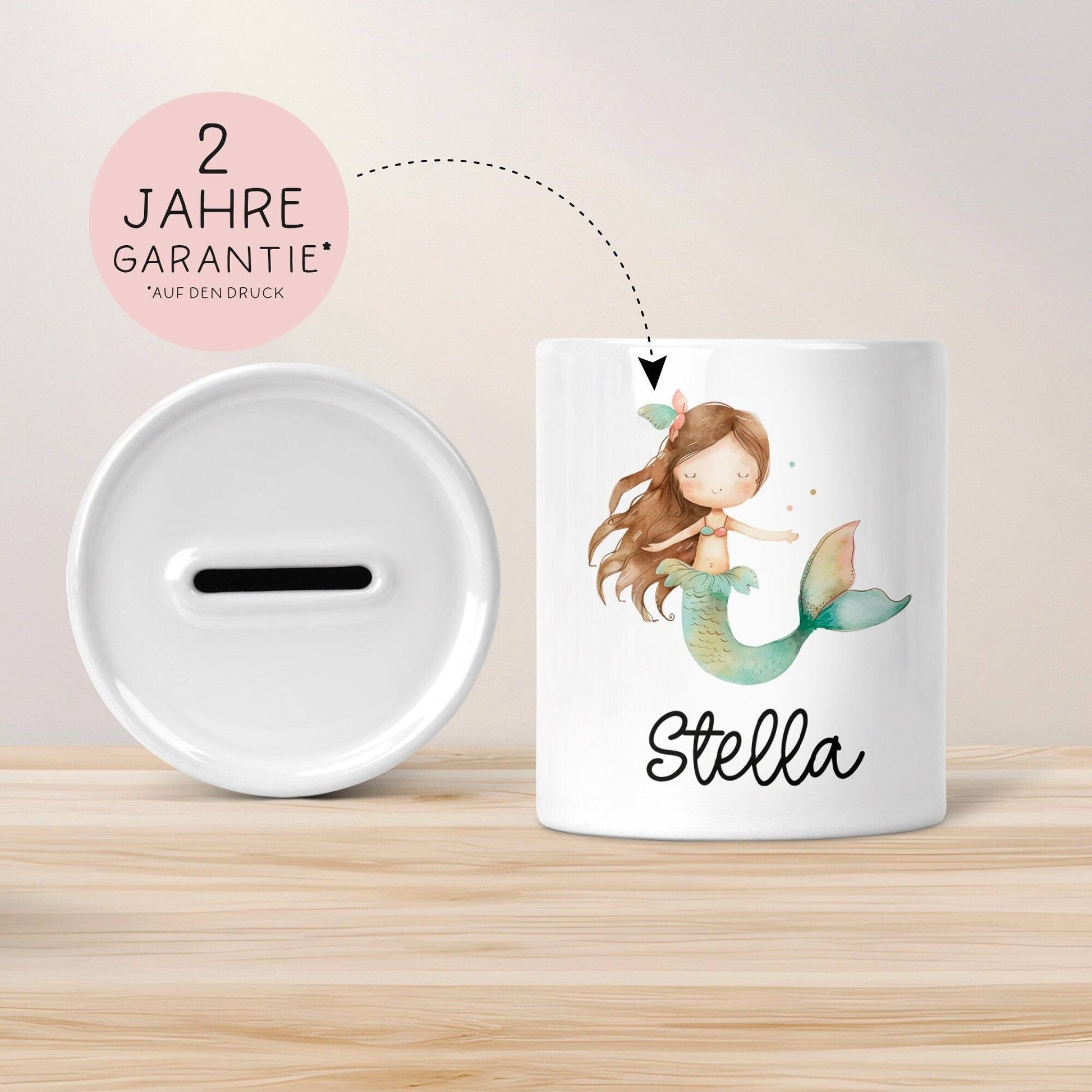 Spardose Meerjungfrau Personalisiert mit Name oder Wunschnamen für Mädchen aus Keramik. Geschenk Taufe, Geburtstag od. Weihnachten - 05  kleinebuchstaben   